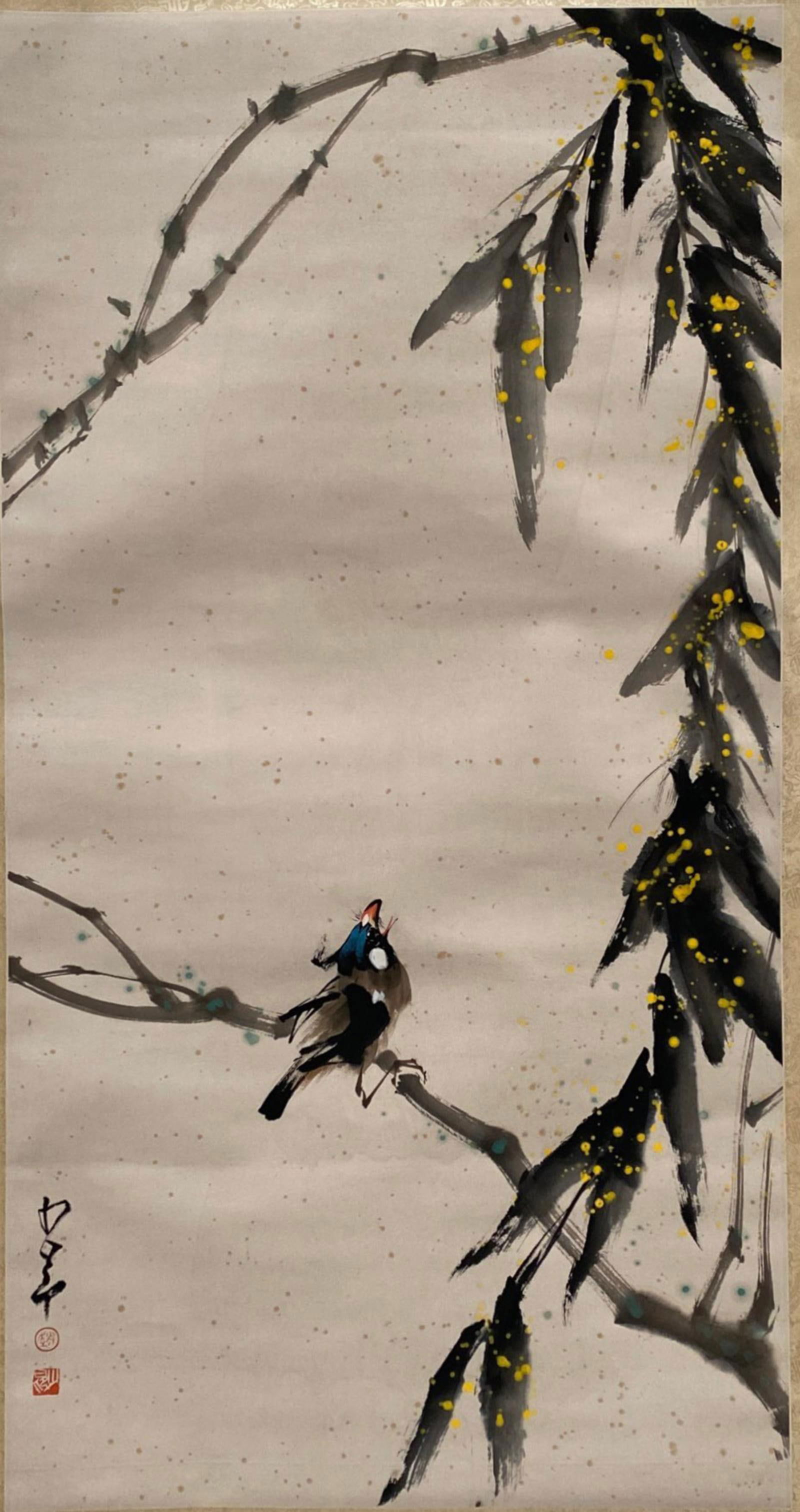 Chinese Hanging Scroll Painting: Ink and color on paper, depicting bird resting on a tree branches, signed with seal attributed to Zhao Shao An. Height: 39" Length: 20.5"