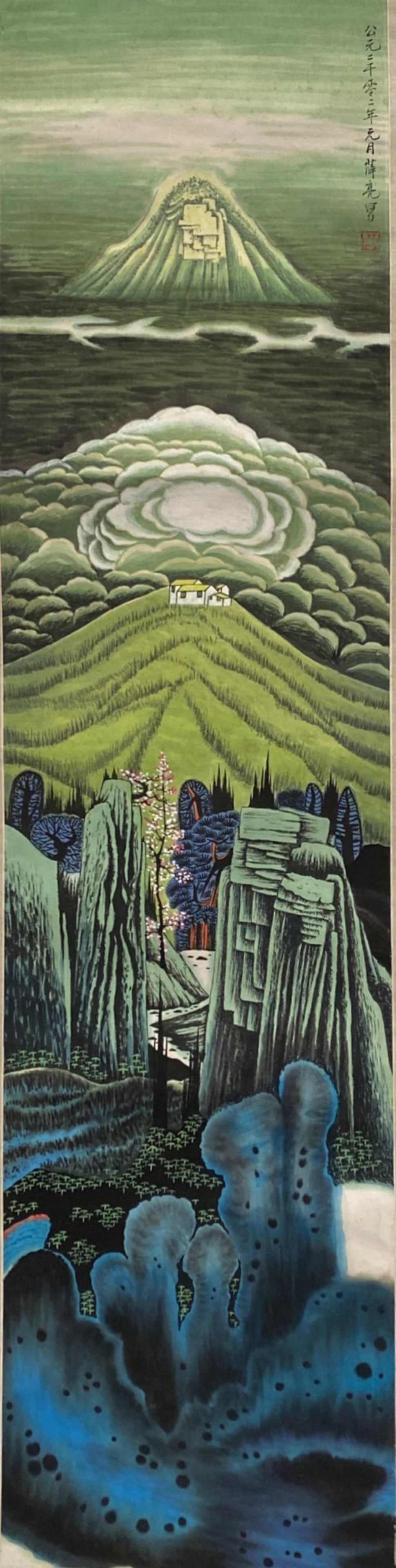 Chinese Hanging Scroll Painting: Ink and color on paper, signed with seal attributed to Xue Liang. Height: 53.5" Length: 13.5"