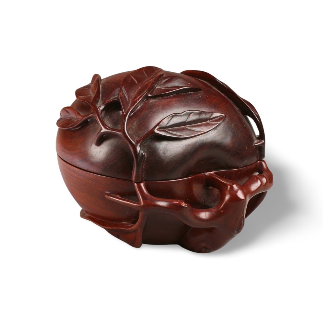 Chinese Carved Hardwood Container: Chinese Carved Hardwood (Possibly huangHuaLi) Peach Shaped Container. Length: 5.5"
