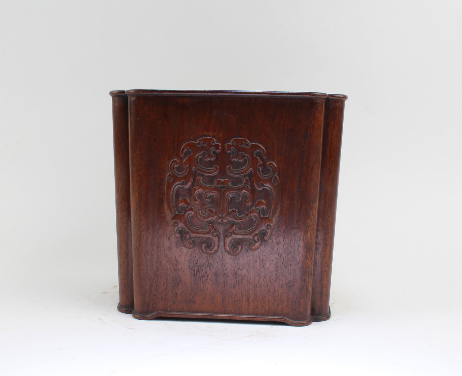 A Caved Wooden Brushpot: A Caved Wooden Brushpot. Height: 7.25" Length: 7.6" Width: 6"