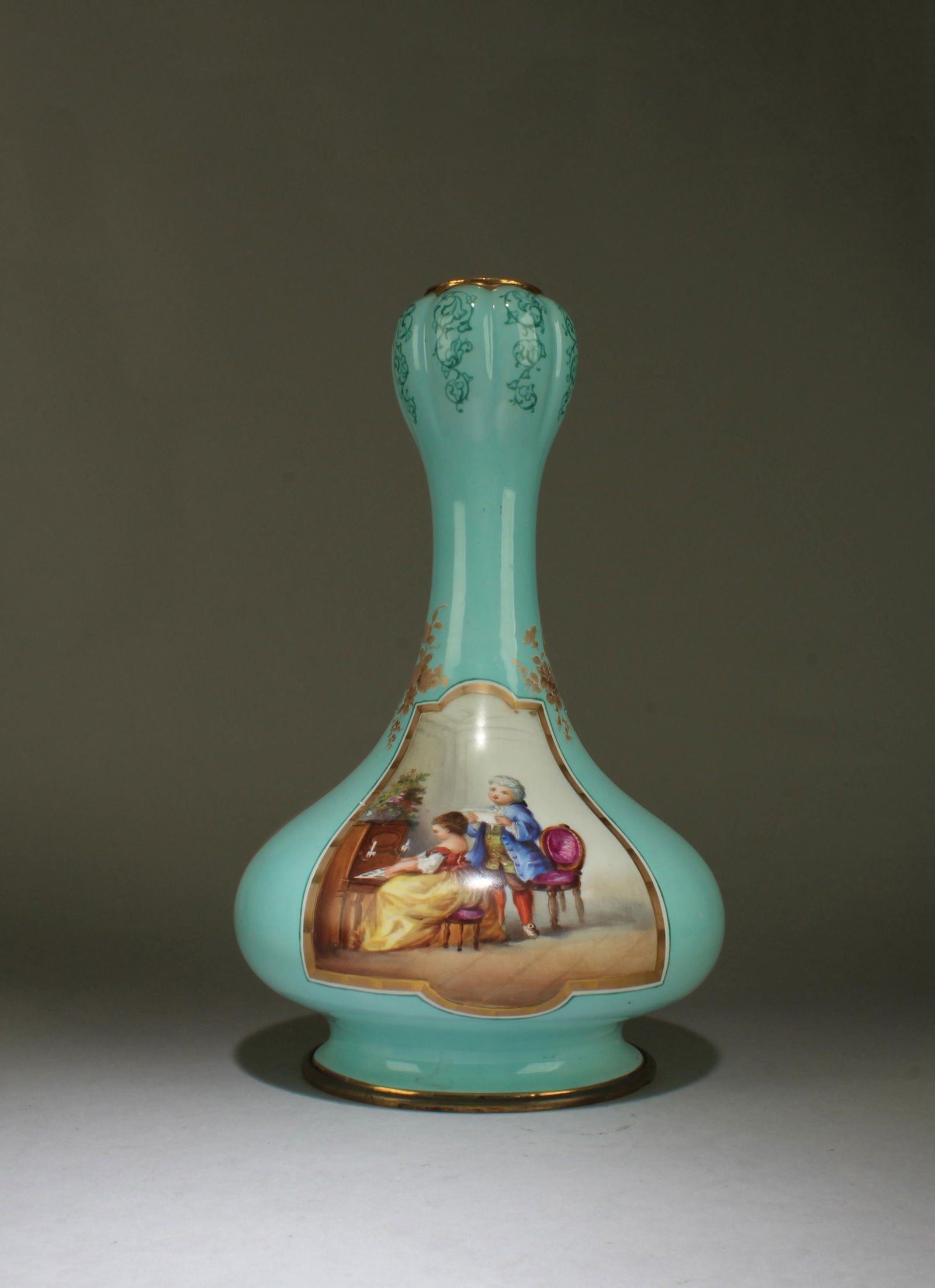 Anique Porcelain Vase with Gilt Bronze Inlay: Anique Porcelain Vase with Gilt Bronze Inlay, 'Melissa' mark at bottom, 19th century. Depicting western figures playing piano and singing. Height: 12"