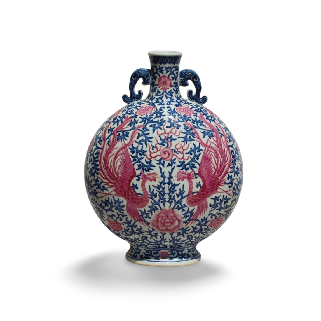 A Blue and Pink Moonflask Vase: A Blue and Pink Moonflask Vase. Dimension: 19.5" x 13.5".