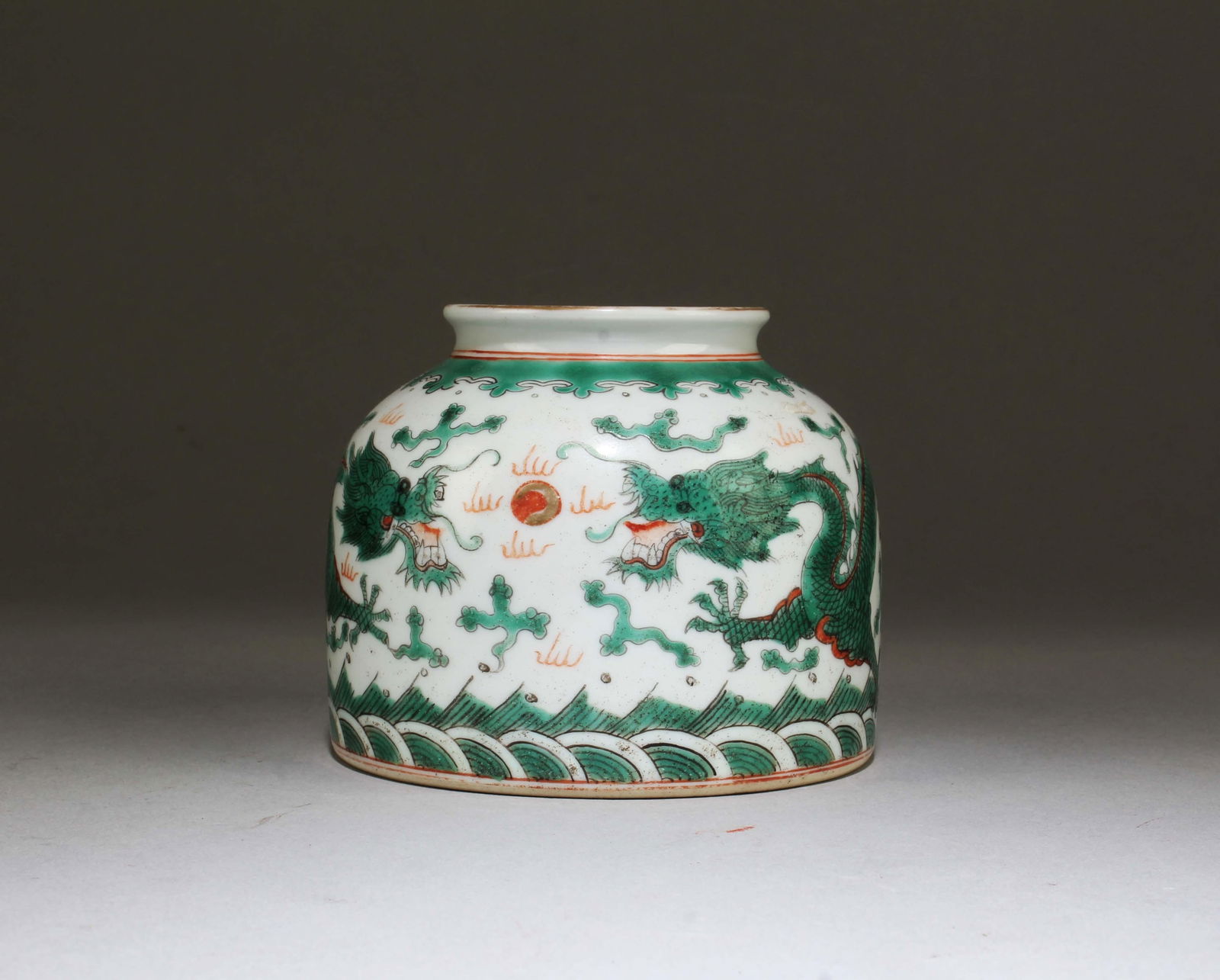 Chinese Dragon Famille Verte Ink Washer: Chinese Famille Verte Ink Washer. A six-character mark is imprinted at the base.Height: 3.25"