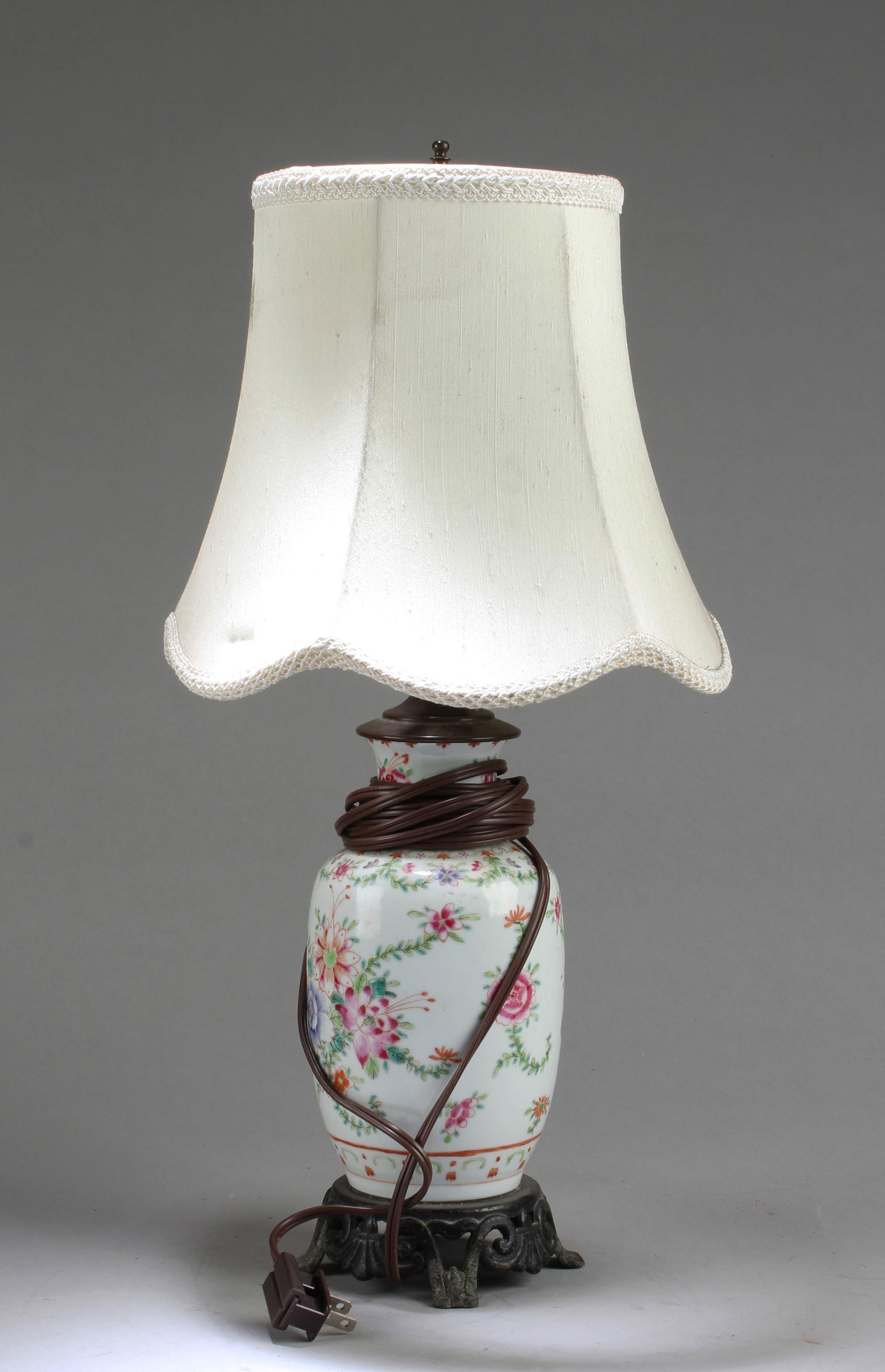 A Porcelain Table Lamp with Shade: A Porcelain Table Lamp with Shade. Height: 19.5"
