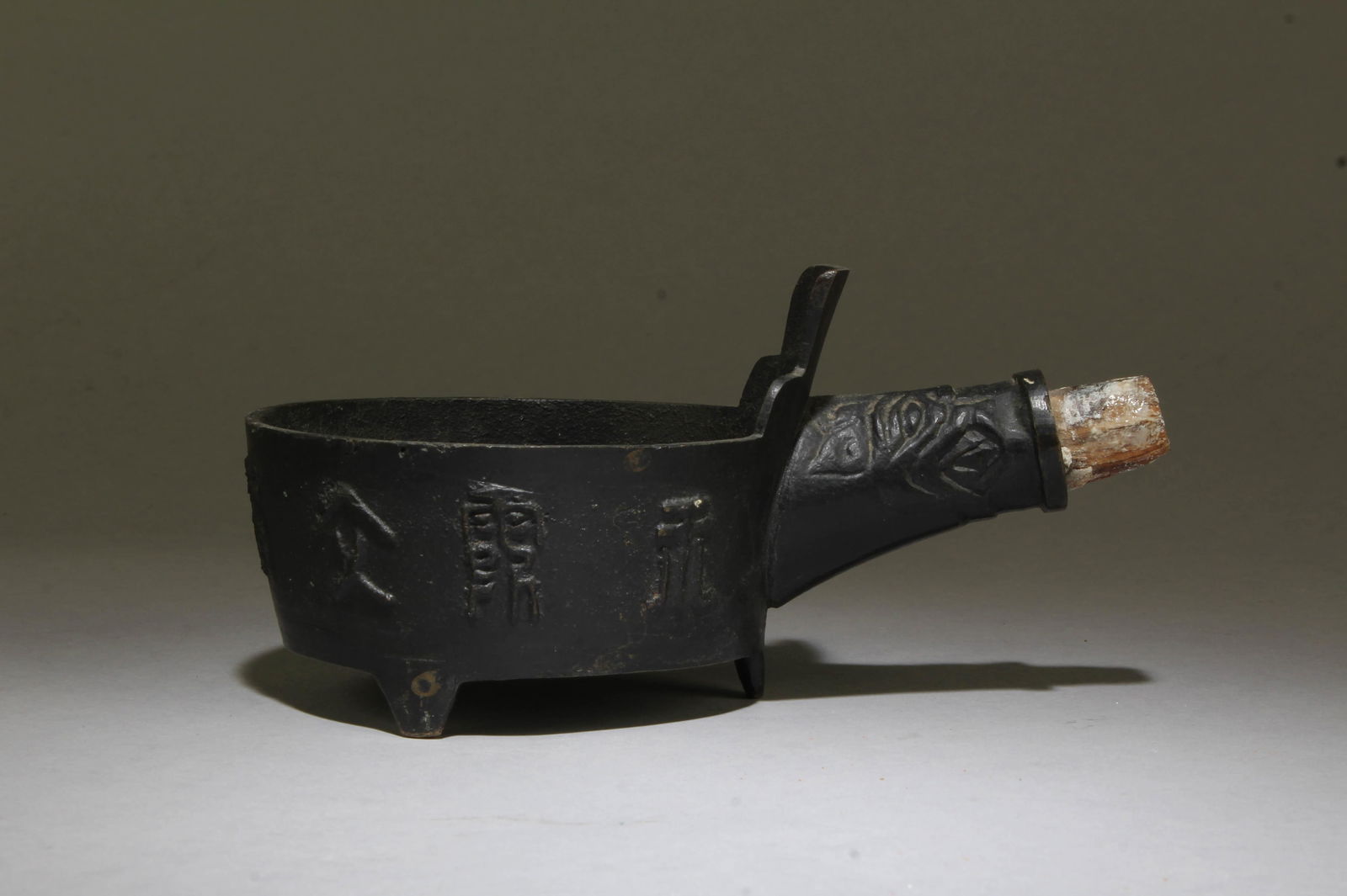 Antique Round Bronze Tripod Oil Lamp: Antique Round Bronze Tripod Oil Lamp. Length: 7.75"