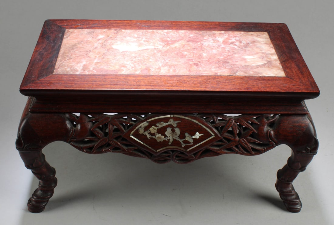 Chinese Hardwood Rectangular shaped Stand: Chinese Hardwood Rectangular shaped Stand, decorated with Marble Inlay and Mother of pearl.. Length: 13.25" Width: 7.75" Height: 6.75"