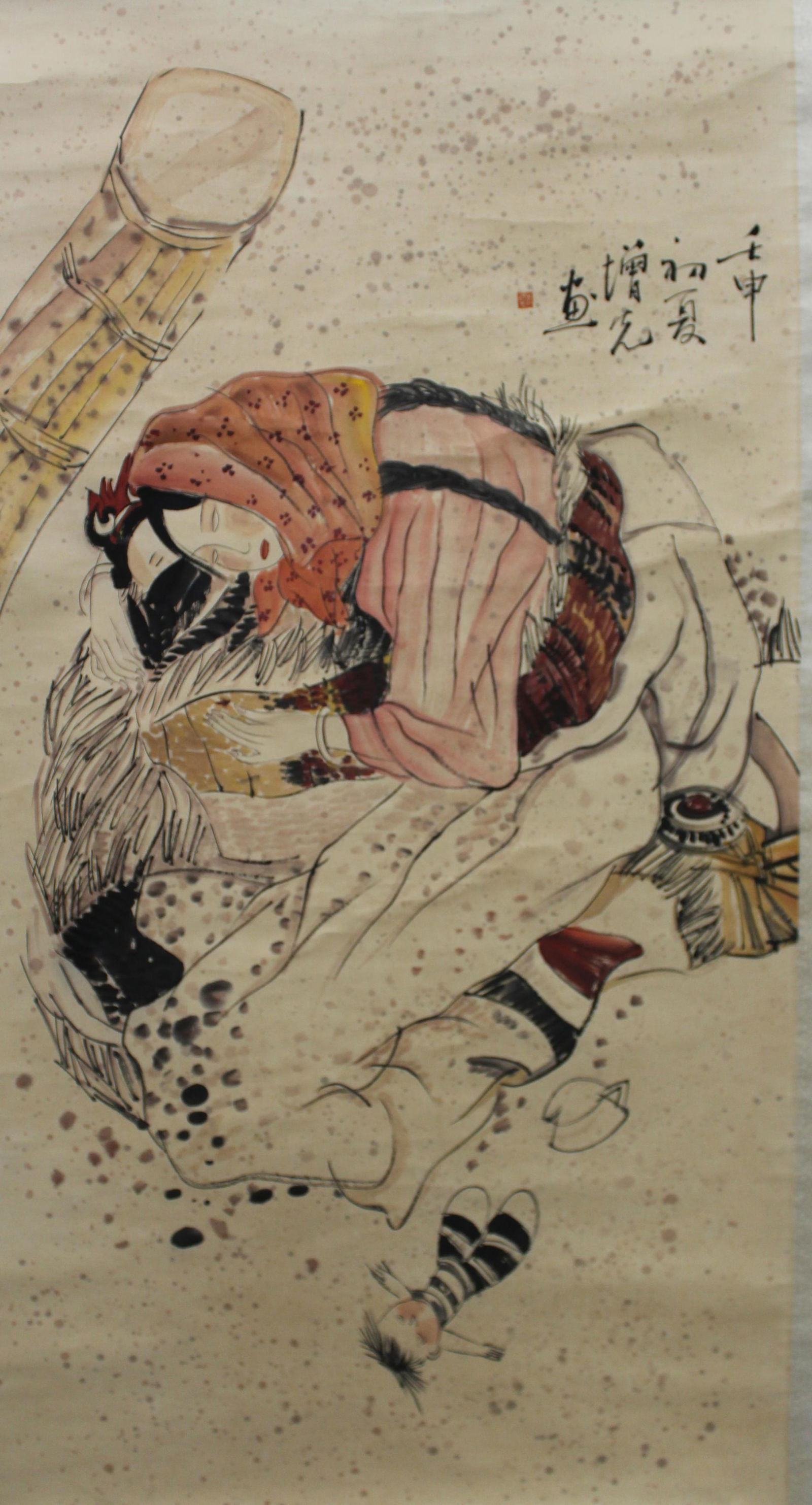 Chinese Hanging Scroll Painting: Ink and color on paper, depicting two women and a child, signed with seal attributed to Fang Zeng Xian. Length:37" Height: 68.75"