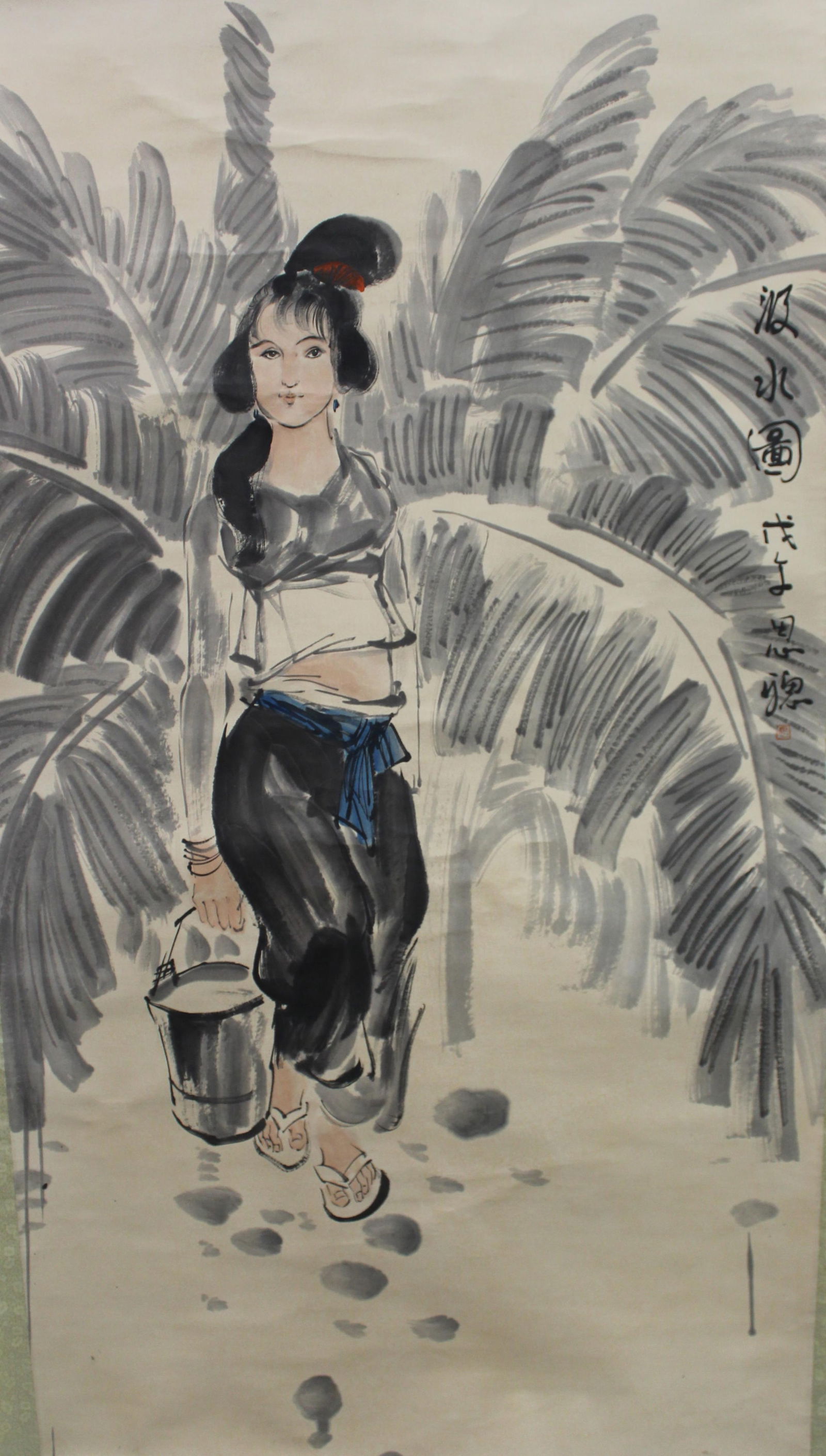 Chinese Hanging Scroll Painting: Ink and color on paper, depicing a maiden with banana leaves, signed with seal attributed to Zhou Shi cong. Length: 37" Height: 68.5"