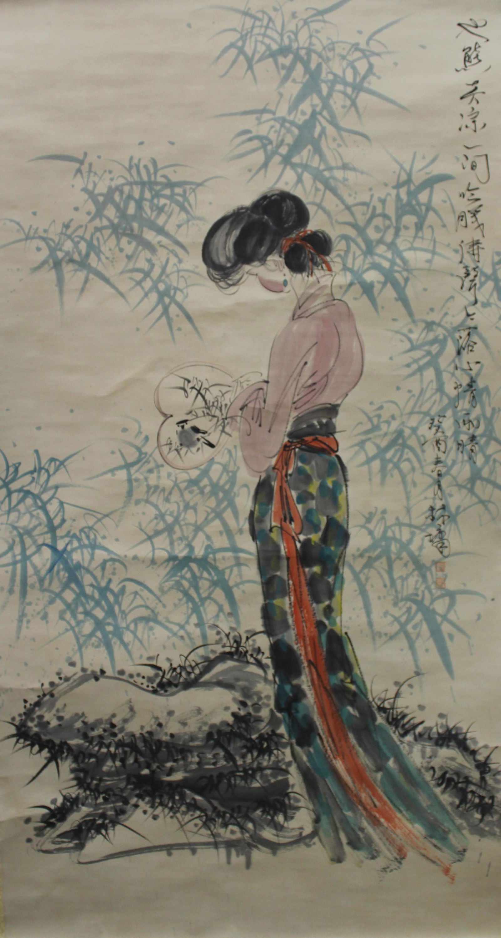 Chinese Hanging Scroll Painting: Ink and color on paper, depicting portrait of a maiden, signed with seal attributed to Lin Yong. Length: 36.75" Height: 68"
