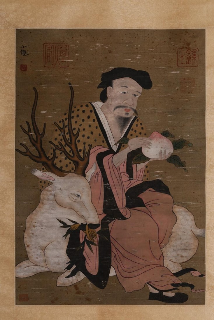 A Hanging Scroll Depicting Auspicious Figures Attributed to Wu Wei: A Hanging Scroll Depicting Auspicious Figures Attributed to Wu Wei. Total Length: 73.62" x 22.05"; Painting: 24.02" x 16.54".