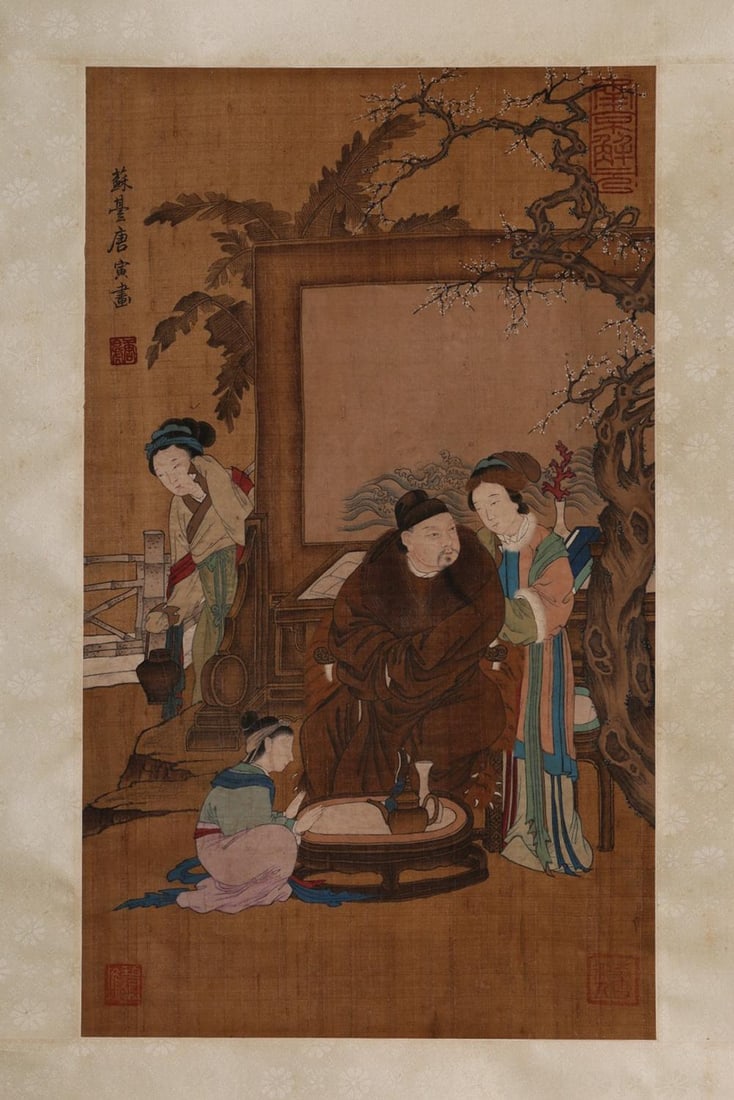 A Hanging Scroll Depicting Scholar and Lady Attributed to Tang Yin: A Hanging Scroll Depicting Scholar and Lady Attributed to Tang Yin. Total Length: 68.90" x 17.20"; Painting: 19.69" x 11.61".