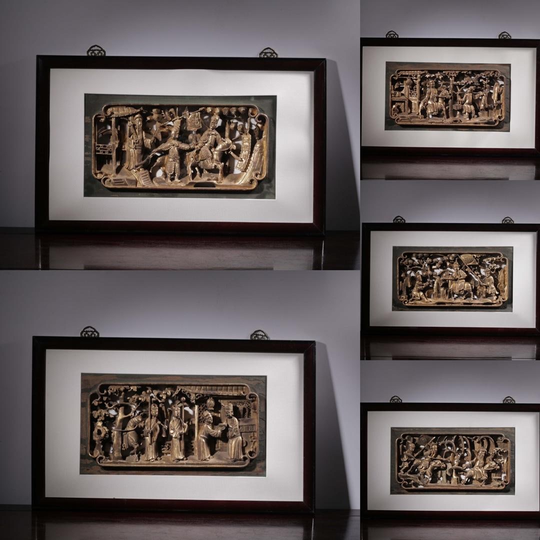 A Group of Five Lacquered Wood Hanging Panels: A Group of Five Lacquered Wood Hanging Panels. Length: 26.38"; Width: 16.14"; Thickness: 0.79".