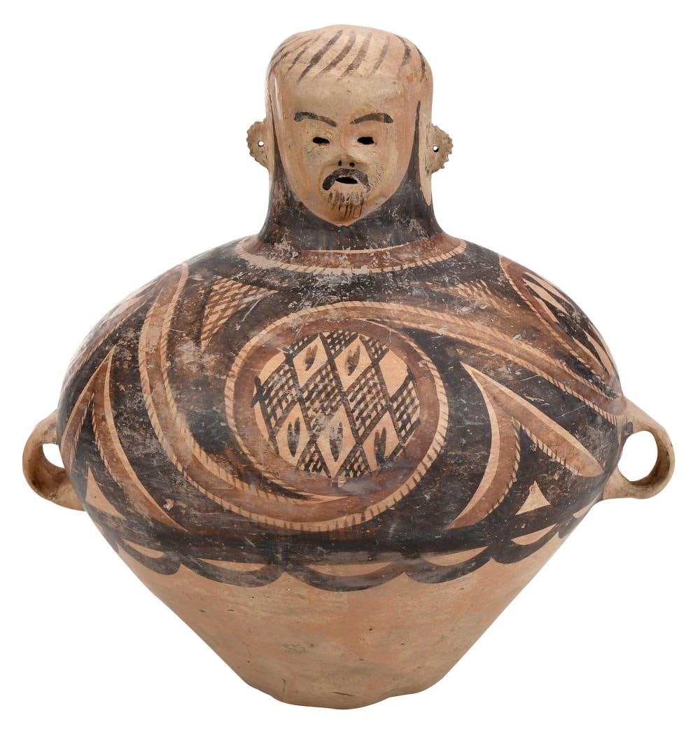 Chinese Neolithic Pottery Effigy Jar: possibly Majiayao culture, urn shaped vessel with two loop handles, painted in red and black with crosshatching and spiral design, human head form top, 11-1/2 x 11-1/8 in.