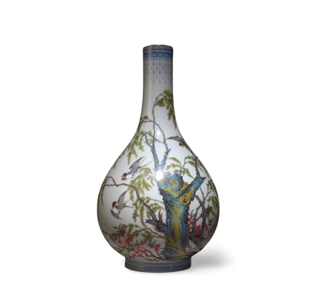 A Fencai Vase with Flowers and Birds Motif: A Fencai Vase with Flowers and Birds Motif. Dimensions: 7" x 3"
