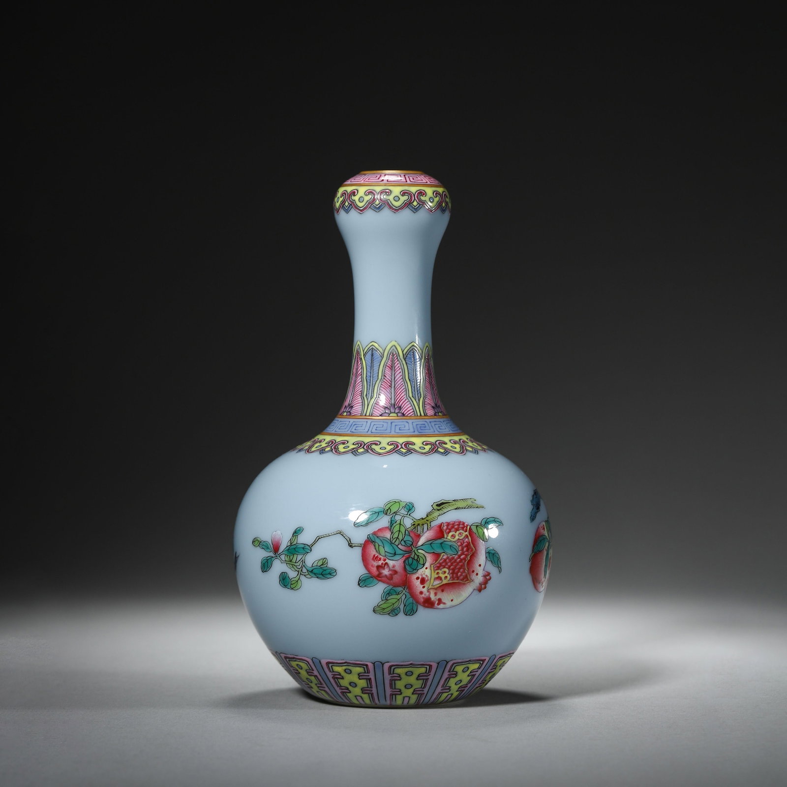 Blue-Ground Famille Rose San Duo Garlic-Head Vase: Blue-Ground Famille Rose San Duo Garlic-Head Vase. Diam.3.74" Height:5.91"