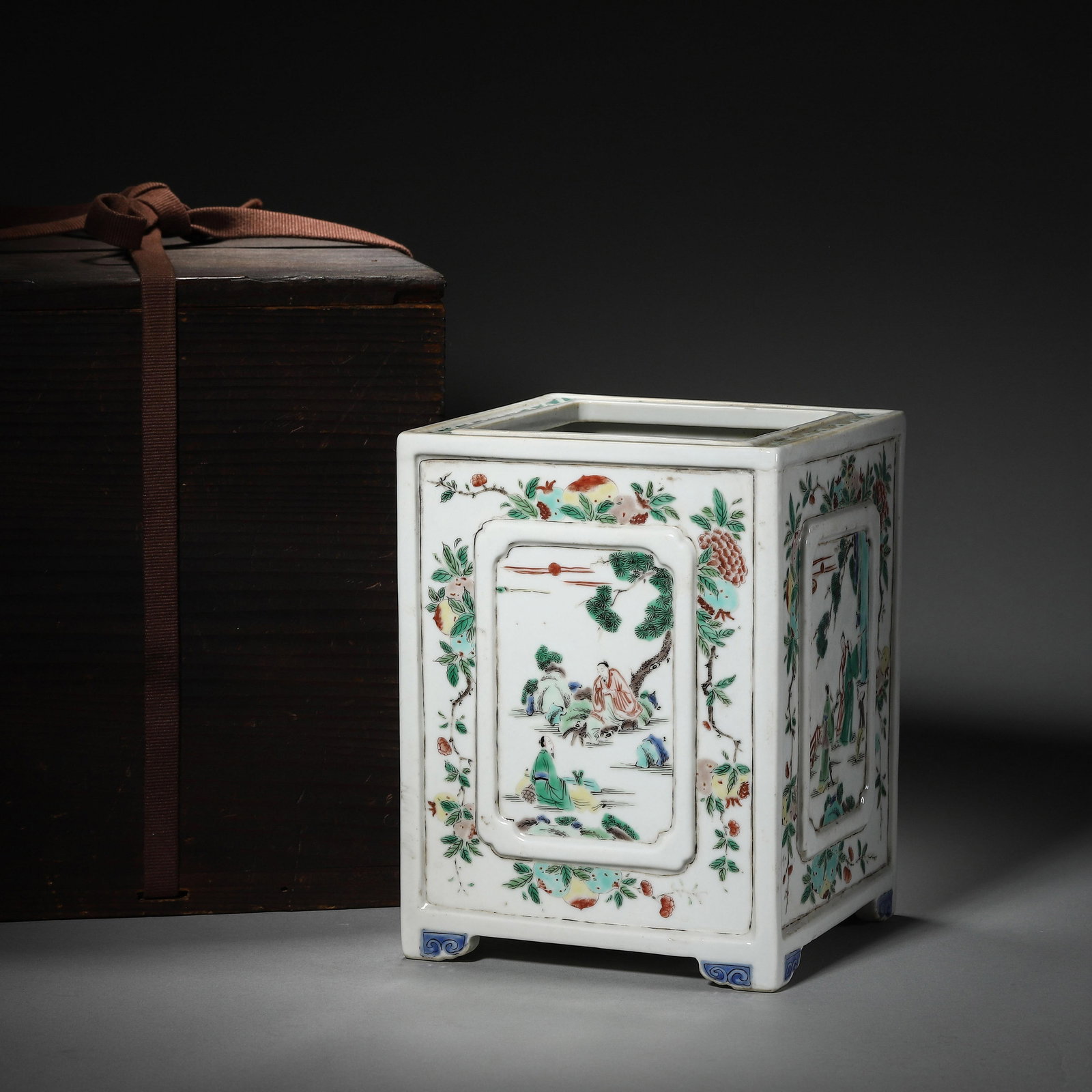 Wucai Figures Brush Pot: Wucai Figures Brush Pot. Length:5.31" Width:5.31" Height:7.09"