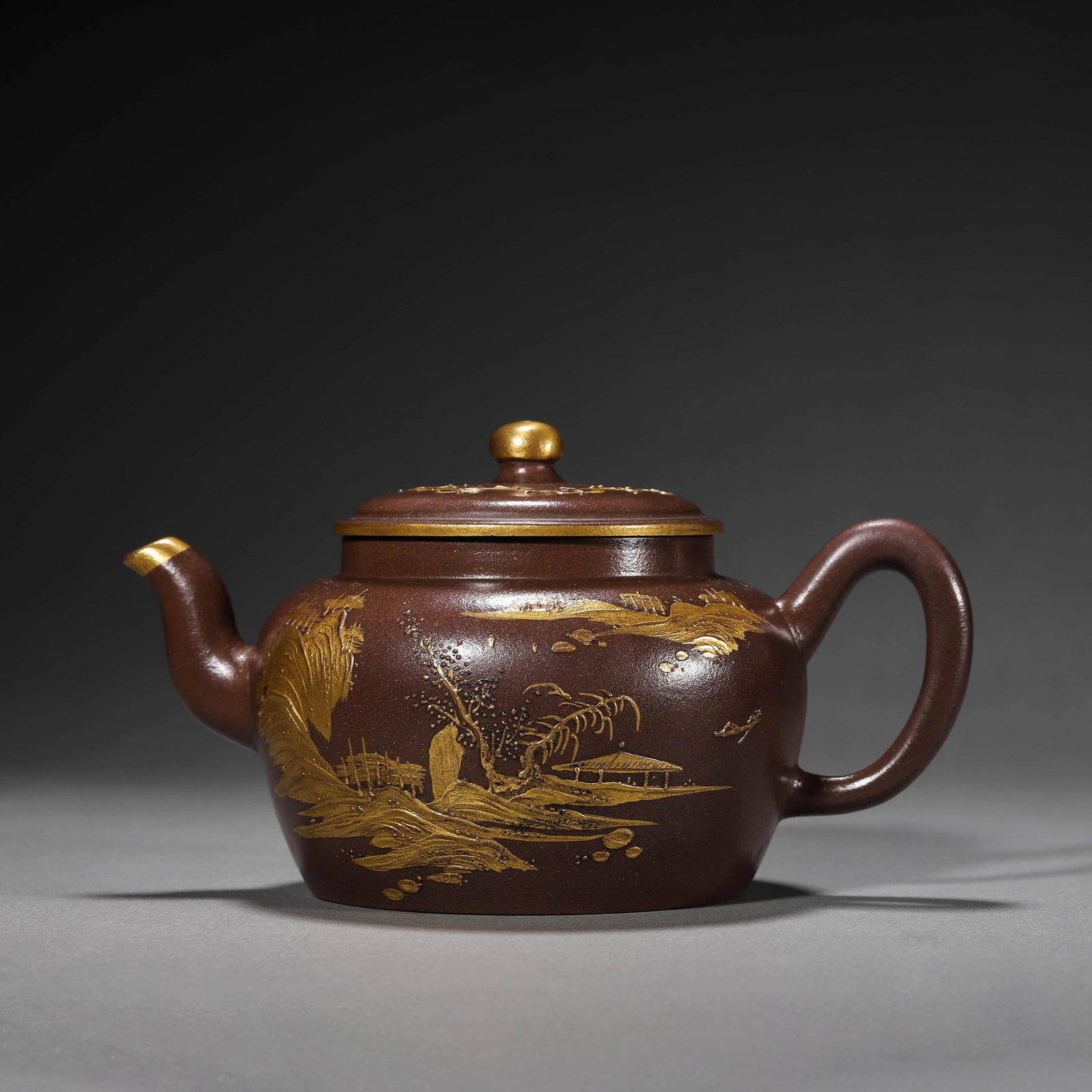 Attributed to Zhou Jishan, Zisha Gilt-Inlaid Landscape Pot: Attributed to Zhou Jishan, Zisha Gilt-Inlaid Landscape Pot. Length:7.09", Width:4.72", Height:4.13"