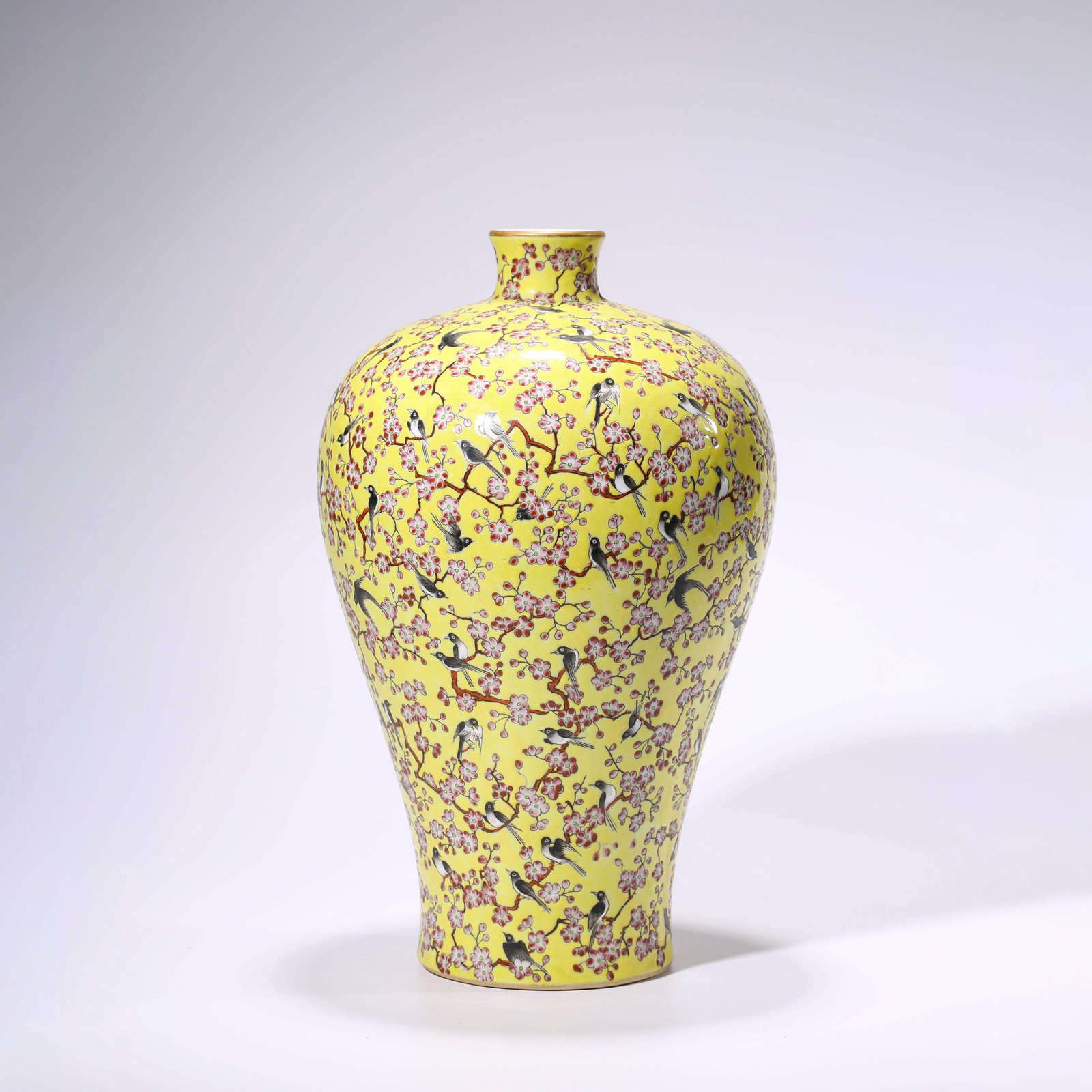 Famille Rose Yellow-Ground Meiping Vase: Famille Rose Yellow-Ground Meiping Vase. Diam.8.39" Height:13.98"
