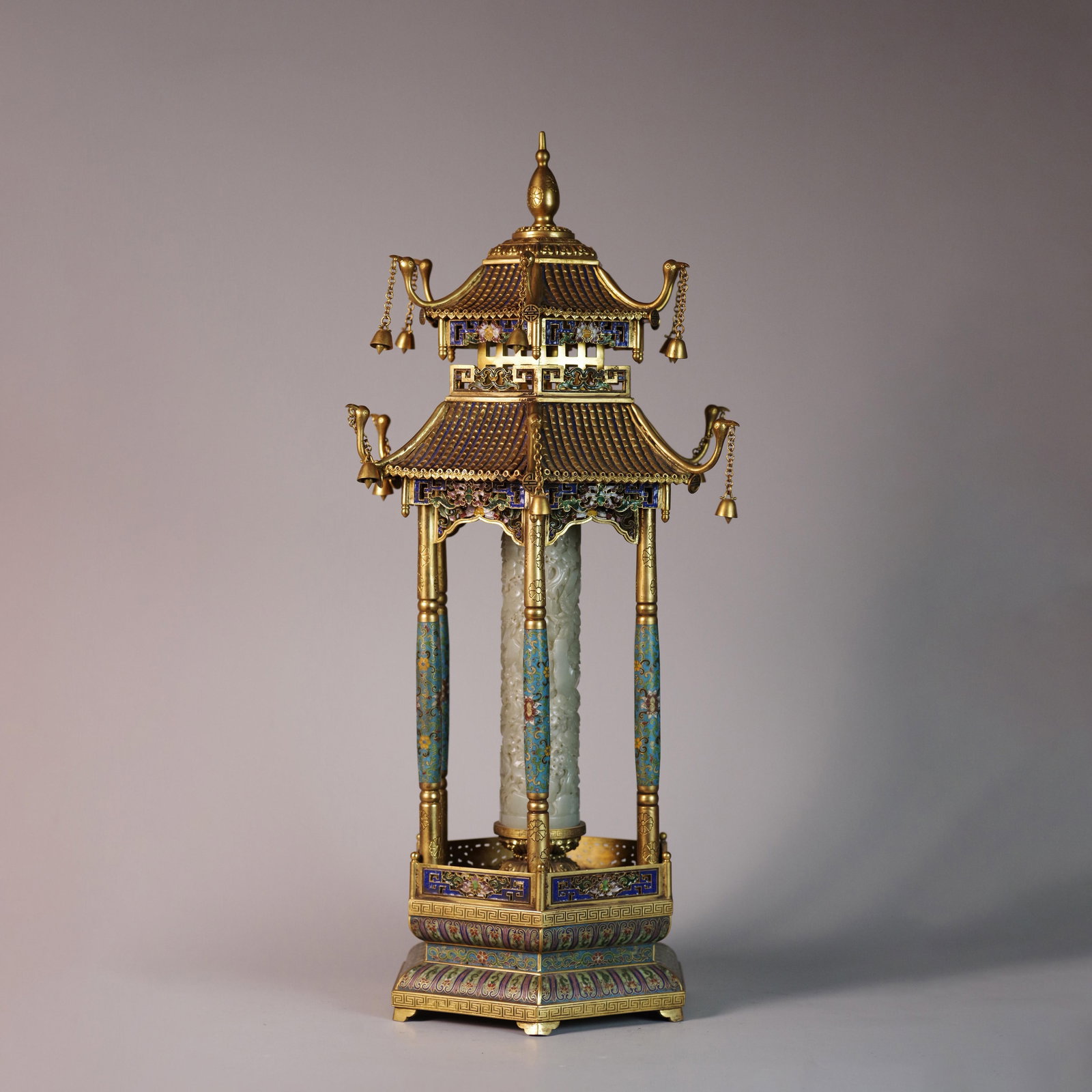 Cloisonne Enamel Inset Hetian Jade Scholar’s Pavilion: Cloisonne Enamel Inset Hetian Jade Scholar’s Pavilion. Height:21.65"