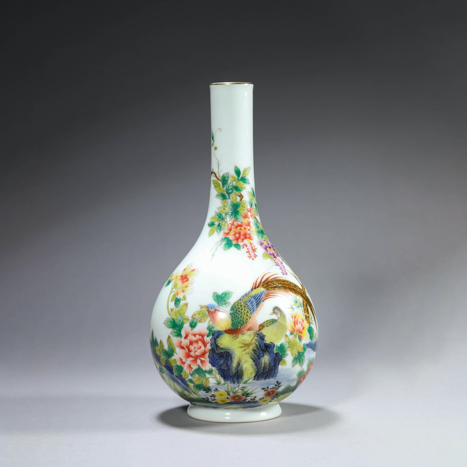 Famille Rose Quail Bottle Vase: Famille Rose Quail Bottle Vase. Width:5.00" Height:9.80"