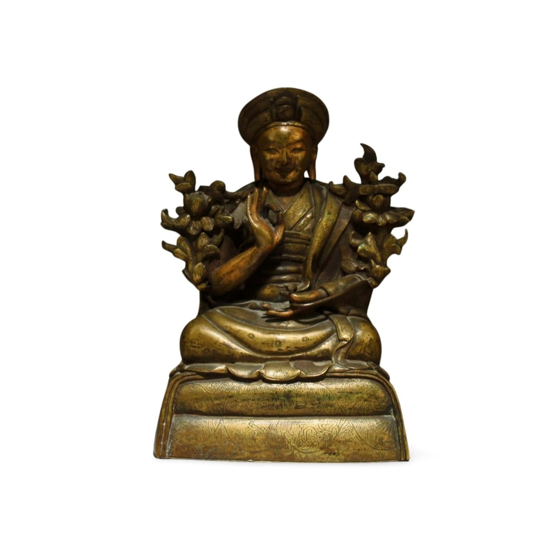 Chinese Bronze Bodhisattva Statue, 18th C: Chinese 18th C. bronze Bodhisattva statue, seated cross legged on a double tiered throne, wearing heavy robes and a high layered crown, surrounded by vines of fruit. Length 4.25 in Height 6 in