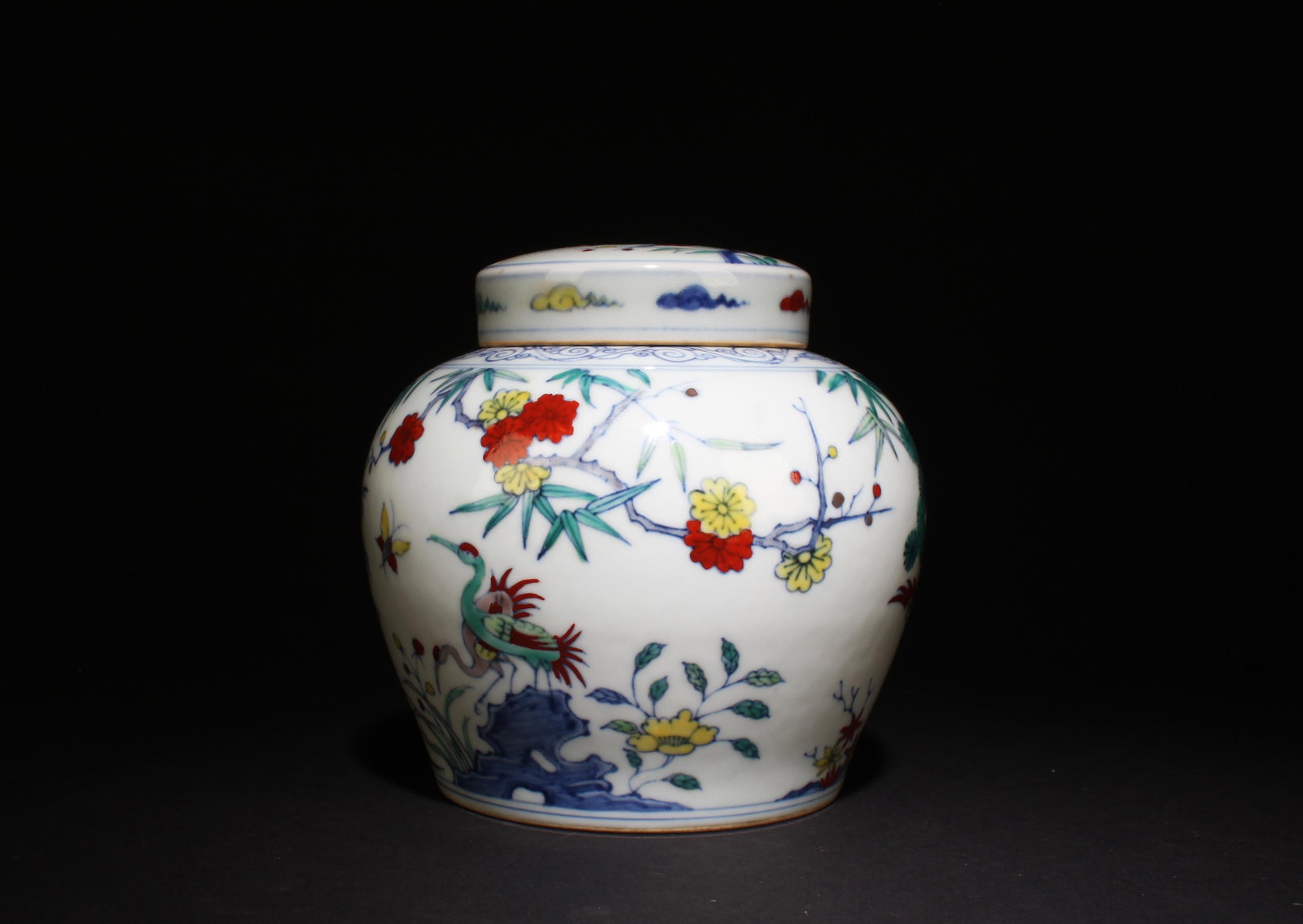 A Doucai Container with Lid: A Doucai Container with Lid. Dimensions: 5.5" x 6".