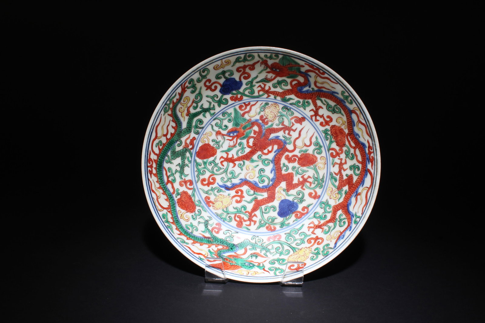 A Wucai Plate with Dragon Motif: A Wucai Plate with Dragon Motif. Dimensions: 8.75" x 2".