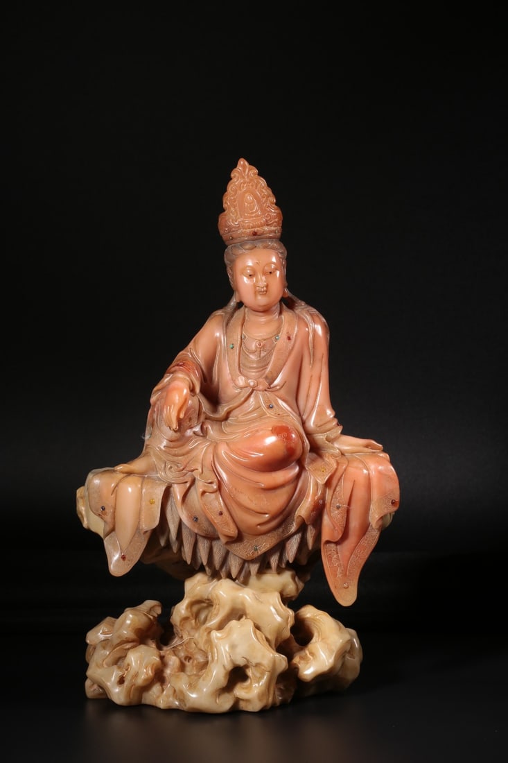 A Shoushan Stone Inlaid Guanyin Statue: A Shoushan Stone Inlaid Guanyin Statue. Height: 8.66" Length: 6.69" Width: 3.15" Weight: 5.55lbs.