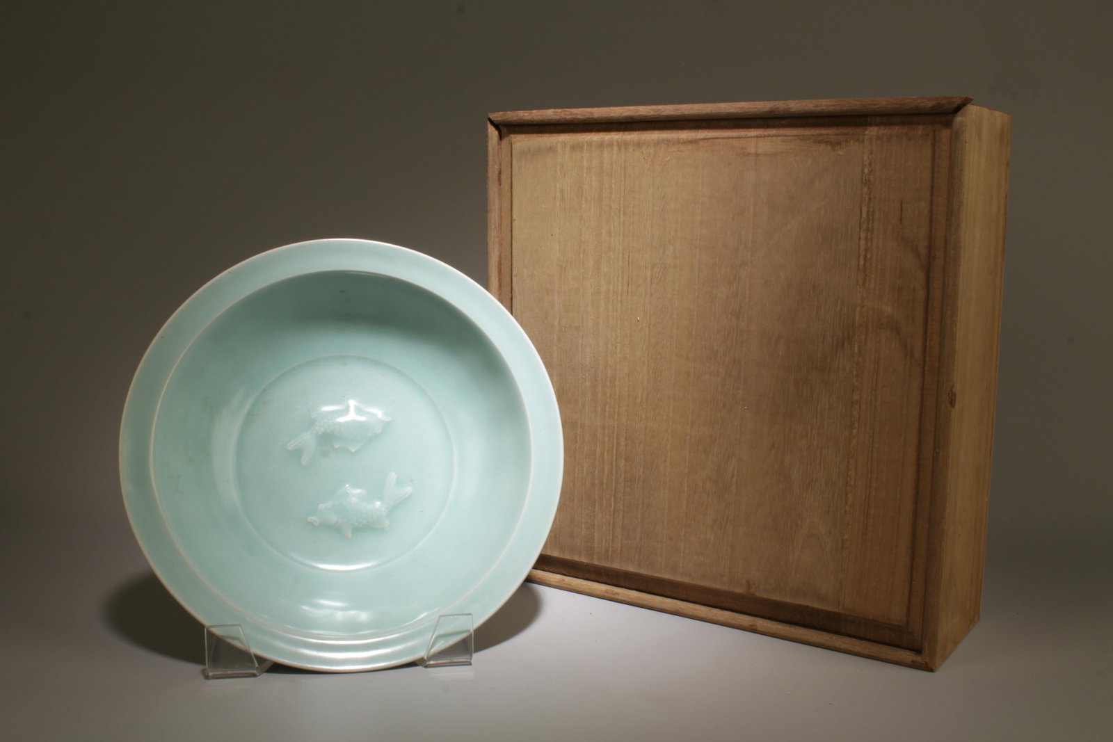A Longquan Twin Fish Dish with Box: A Longquan Twin Fish Dish with Box. Dimension: 9.5" x 2.75".