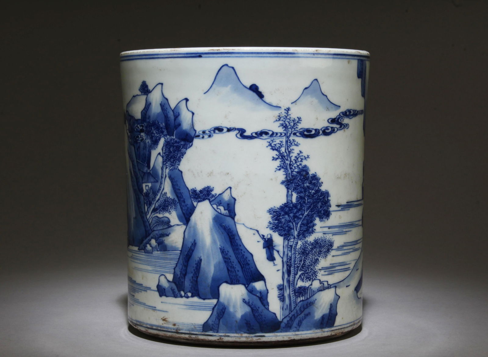 A Blue & White Brushpot Holder: A Blue & White Brushpot Holder. Dimensions: 7" x 6".