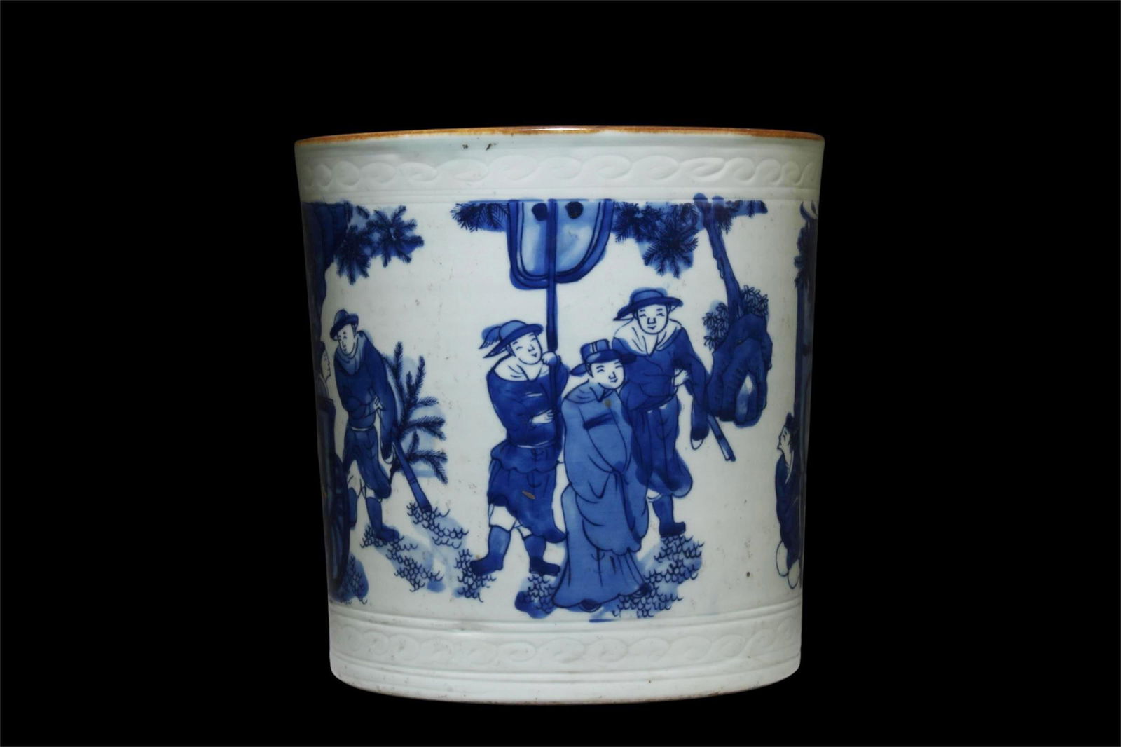 A Blue & White Brushpot: A Blue & White Brushpot. Dimensions: 7.75" x 7.6".