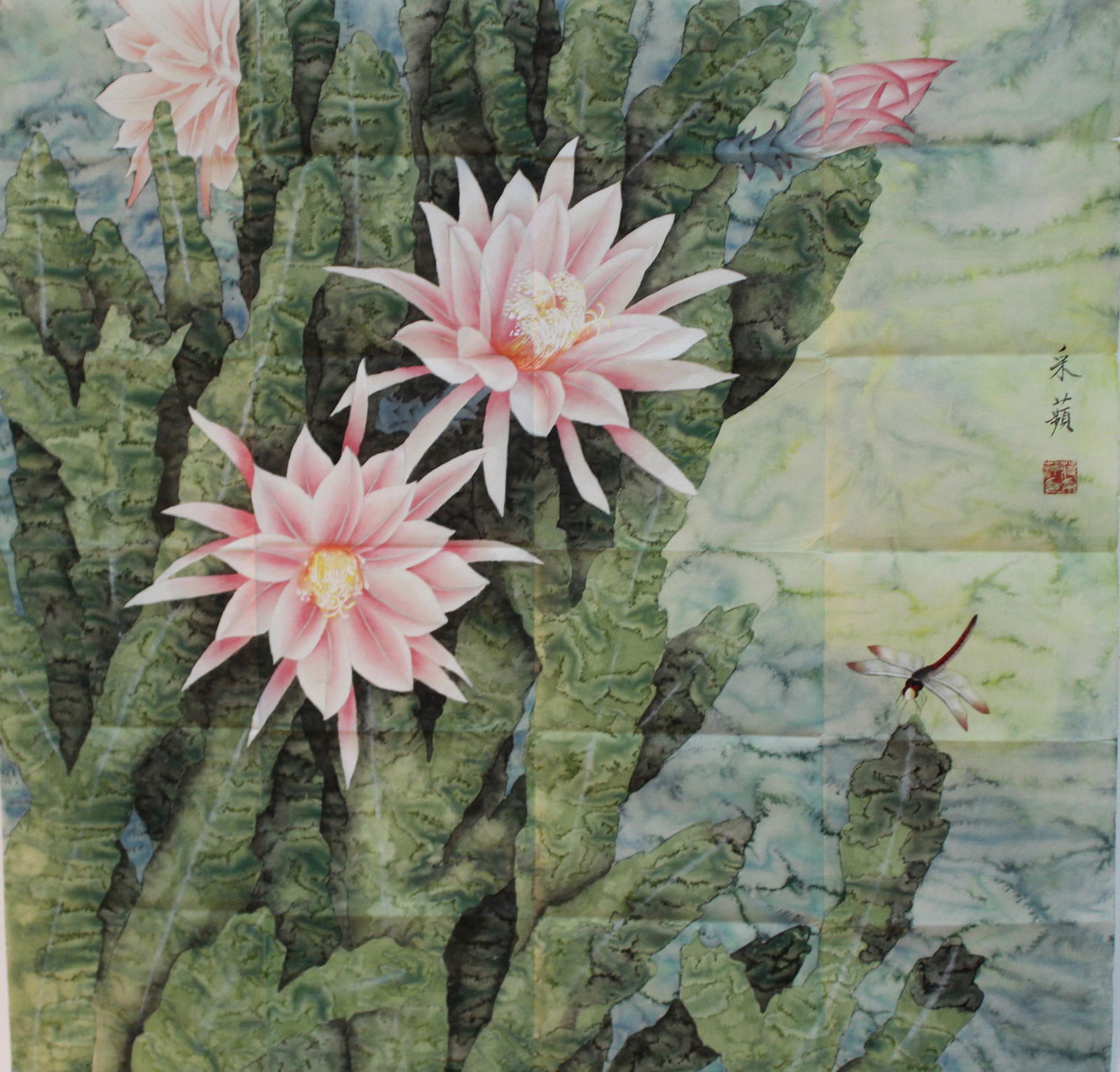 Chinese Painting: Ink and color on paper, depicting dragon fly and flower petals, signed with seal attributed to Cai Ping. Length: 26" Height: 25.5"