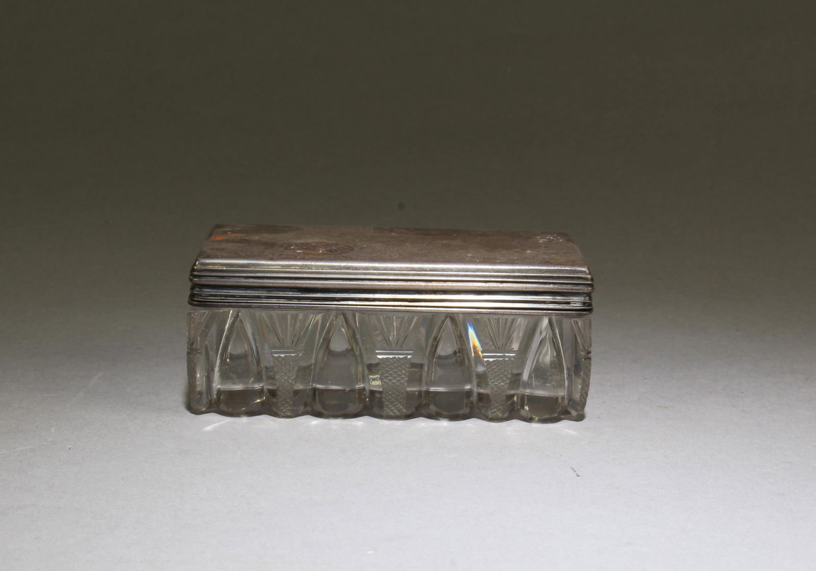 Antique Water Crystal Rectangular Shaped Container: Antique Water Crystal Rectangular Shaped Container with Silver Lid. Length: 4" Width: 2.25" Height: 1.5"