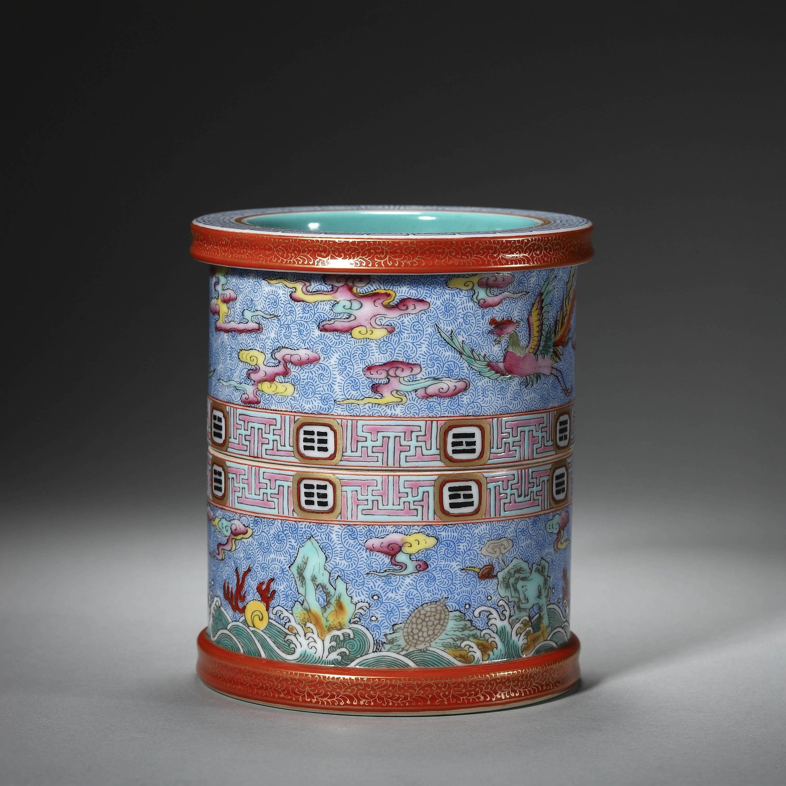 Yangcai Enamel Rotating Brushpot: Yangcai Enamel Rotating Brushpot. Diam: 4.02" Height: 4.65"