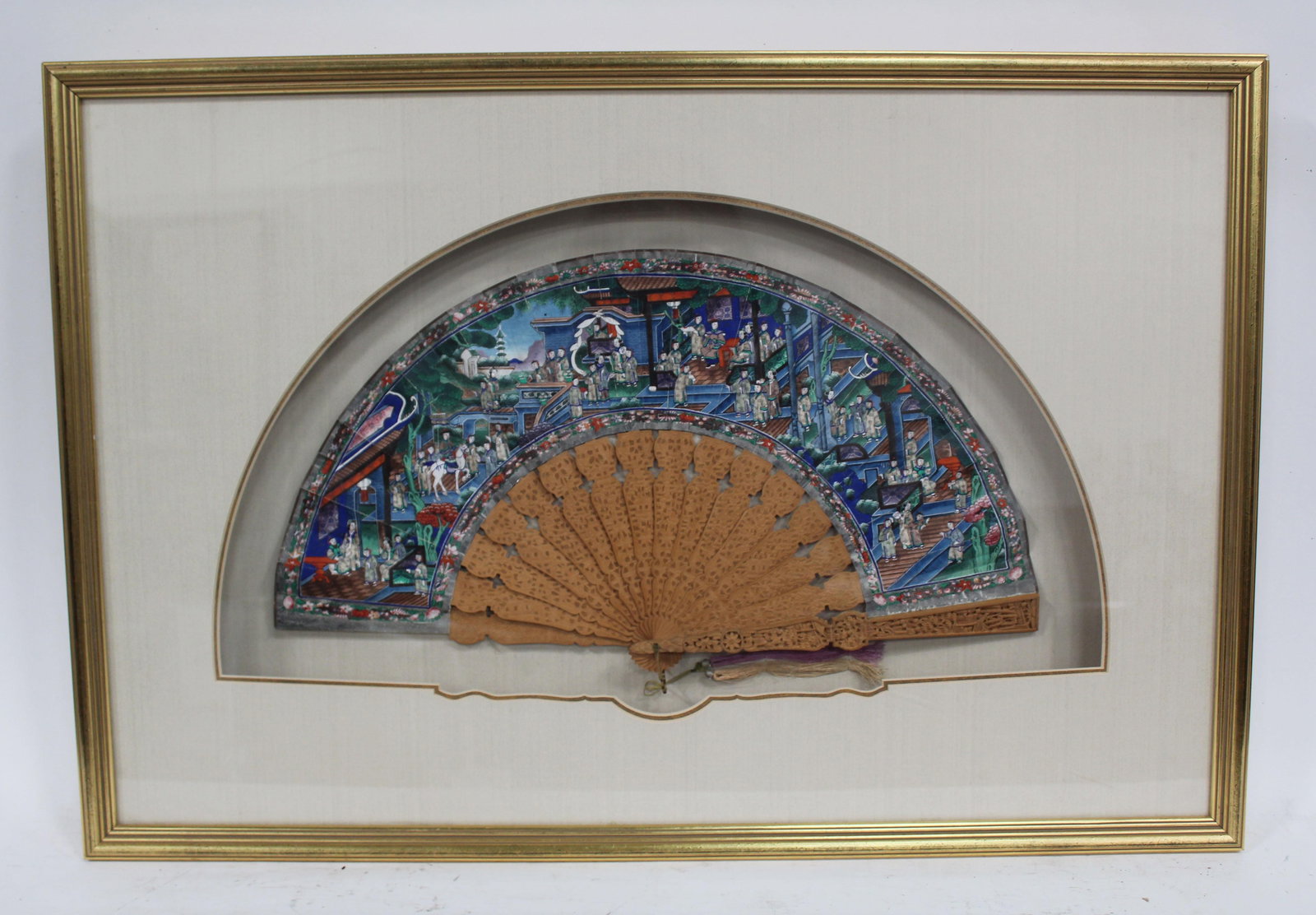A Framed Sandalwood Fan-Shaped Painting (1 of 3)