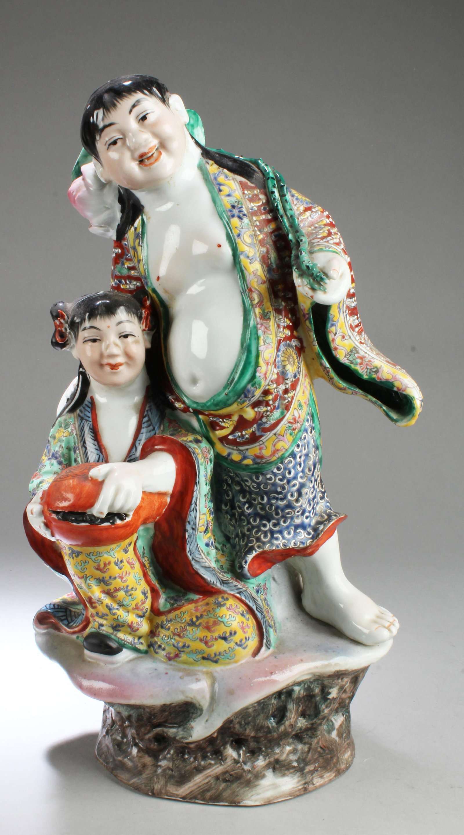 Chinese Porcelain 'HeHe" TwinImmortal Statue: Chinese Porcelain 'HeHe" TwinImmortal Statue. Height: 17"