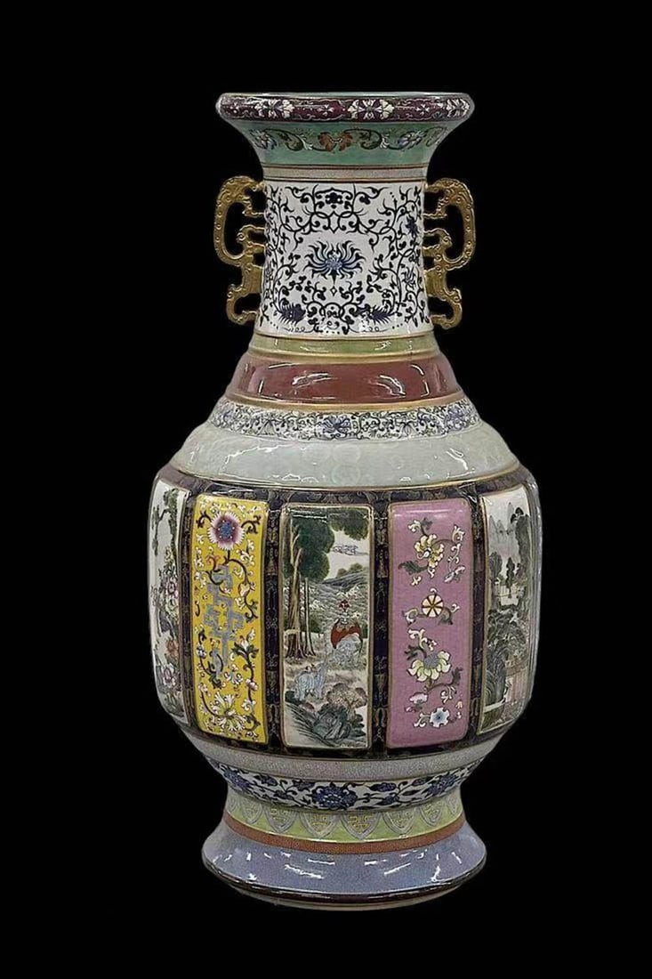 Massive Chinese Qianlong-Style Vase: Massive Chinese Qianlong-style enameled-porcelain study vase; Qianlong mark to bottom H: 44" (approx.)