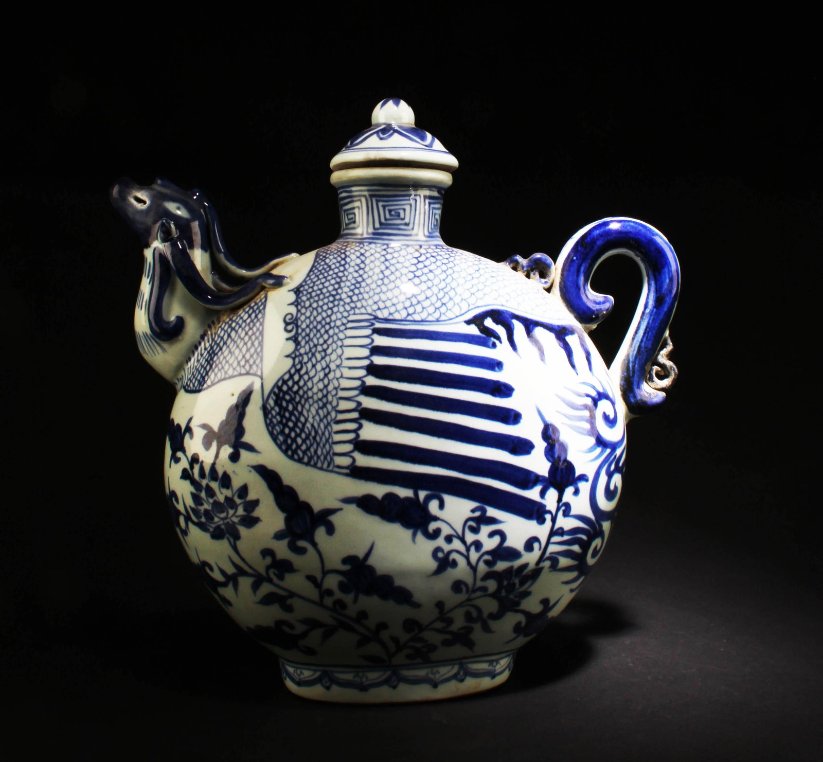 A Blue & White Porcelain Pot: A Blue & White Porcelain Pot. Height: 14" Length: 14.2"