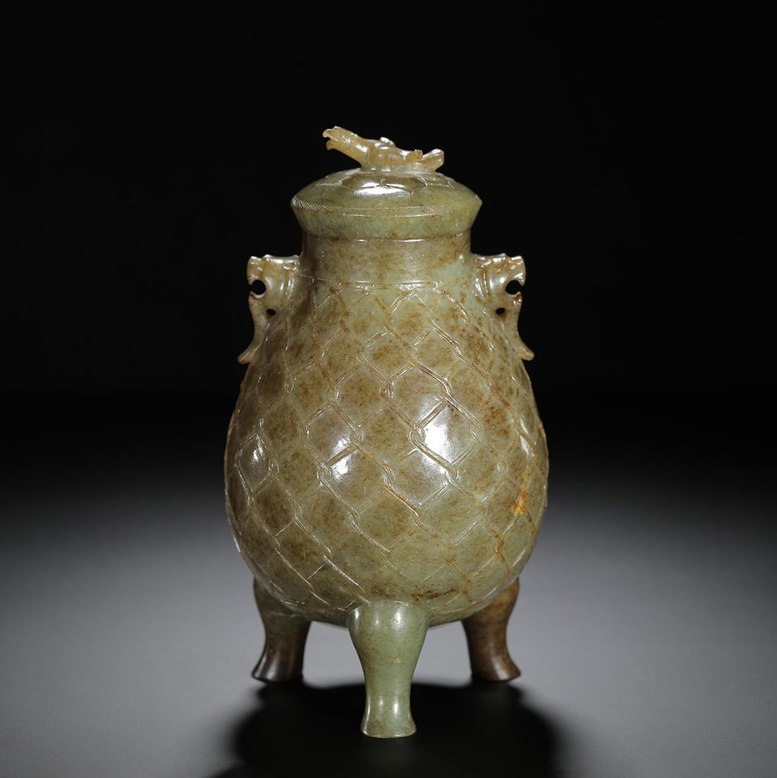 Carved Jade Cord-Pattern Tripod Zun: Carved Jade Cord-Pattern Tripod Zun. Length: 3.54in; Height: 6.69in.