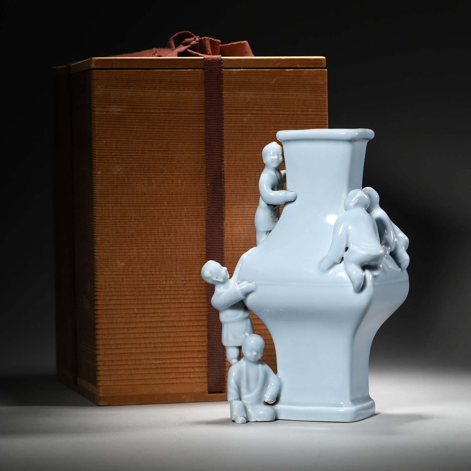 Blue-Ground Boys' Vase: Blue-Ground Boys' Vase. Length: 5.12in; Width: 3.94in; Height: 7.87in.