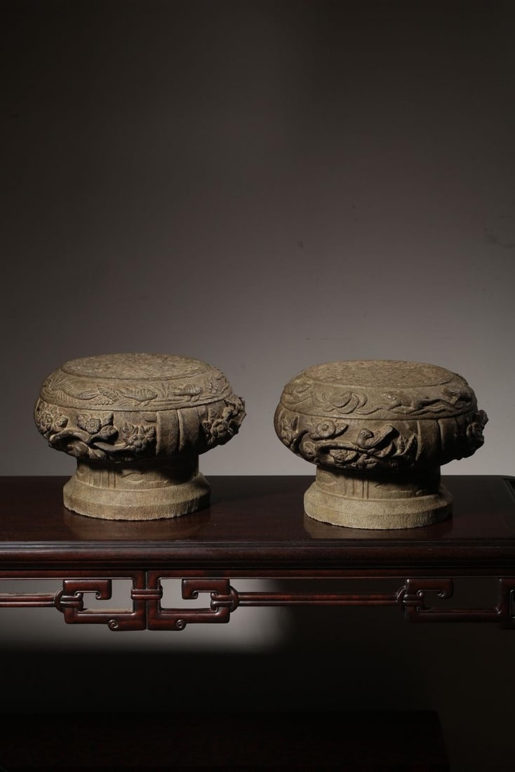 A Pair of Bluestone Beads: A Pair of Bluestone Beads. Diameter: 8.27in; Diameter: 11.81in.