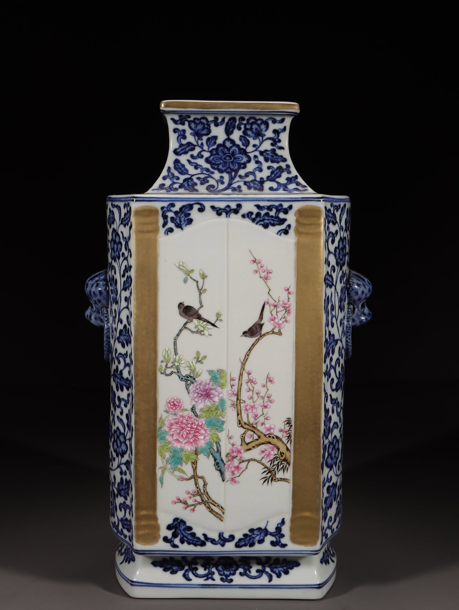 A Blue and White With Fencai Enamel Square Vase: A Blue and White With Fencai Enamel Square Vase. Dimensions: 13.11in x 7.48in x 5.43in; Weight: 9.04lbs.
