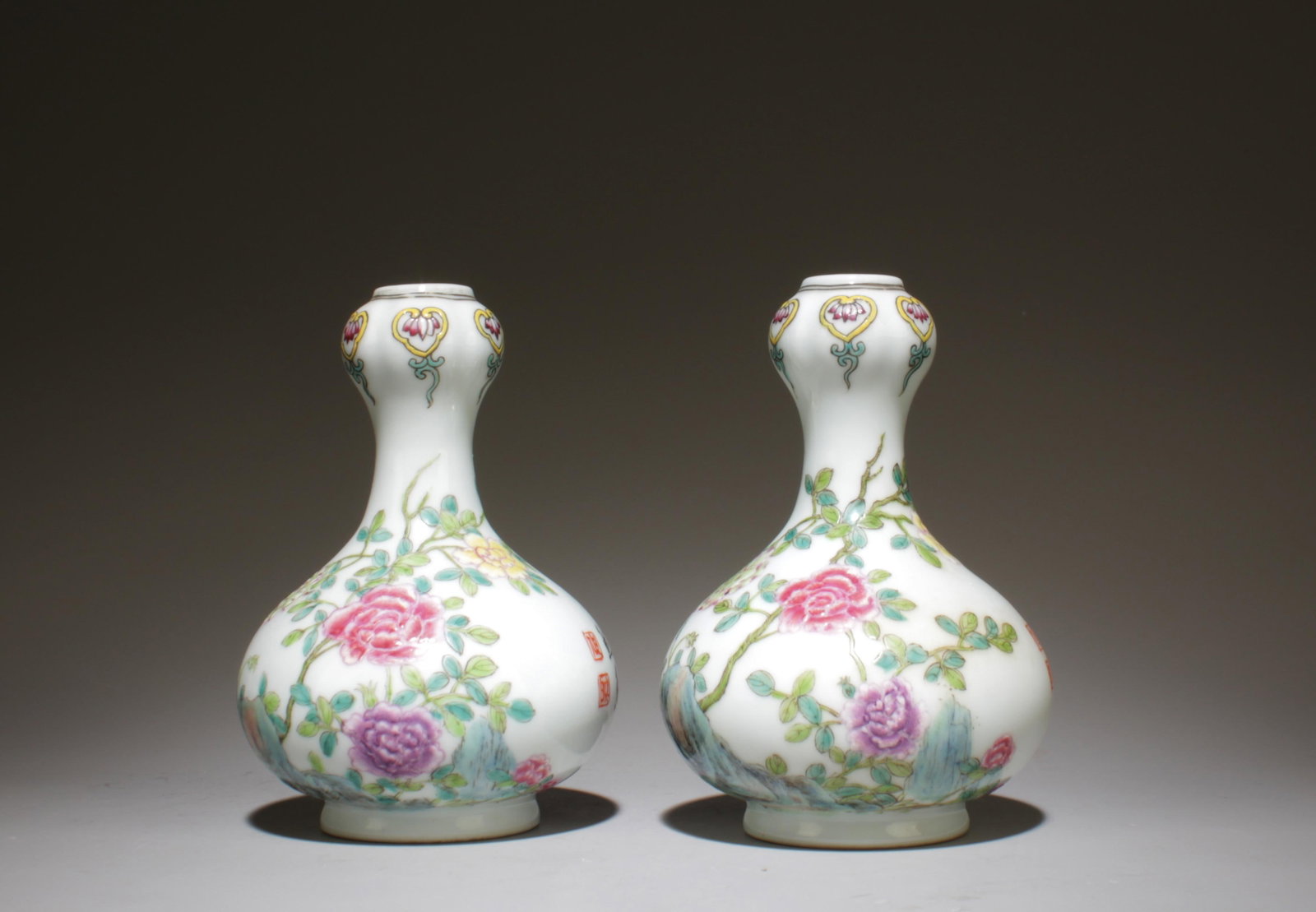 A Pair of Fencai Garlic-Head Vases: A Pair of Fencai Garlic-Head Vases. Dimensions: 3.2" x 4.5".