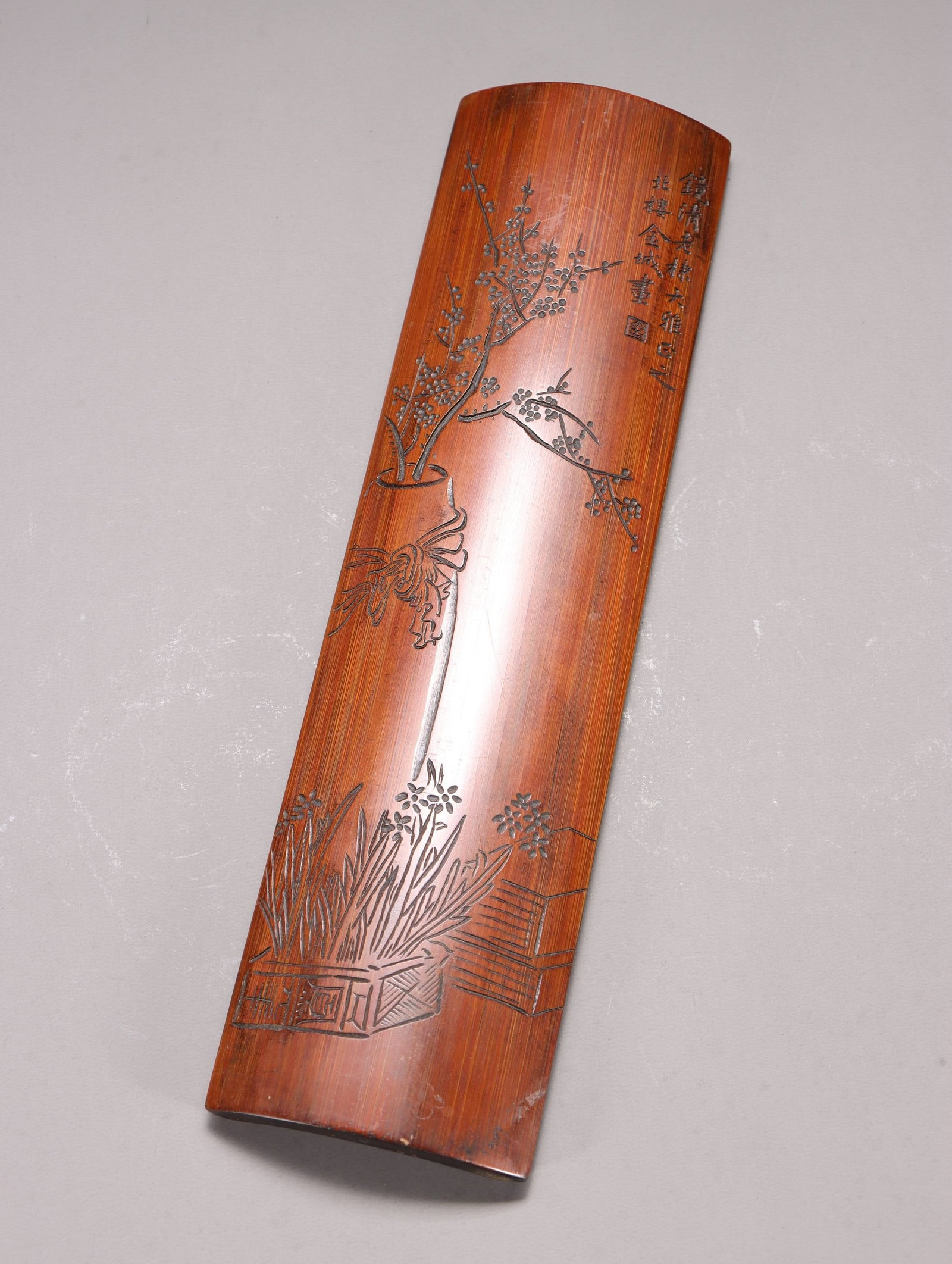 A Bamboo Carved Armrest: A Bamboo Carved Armrest. Dimensions: 0.35in x 10.24in x 2.76in Weight: 0.23lbs.