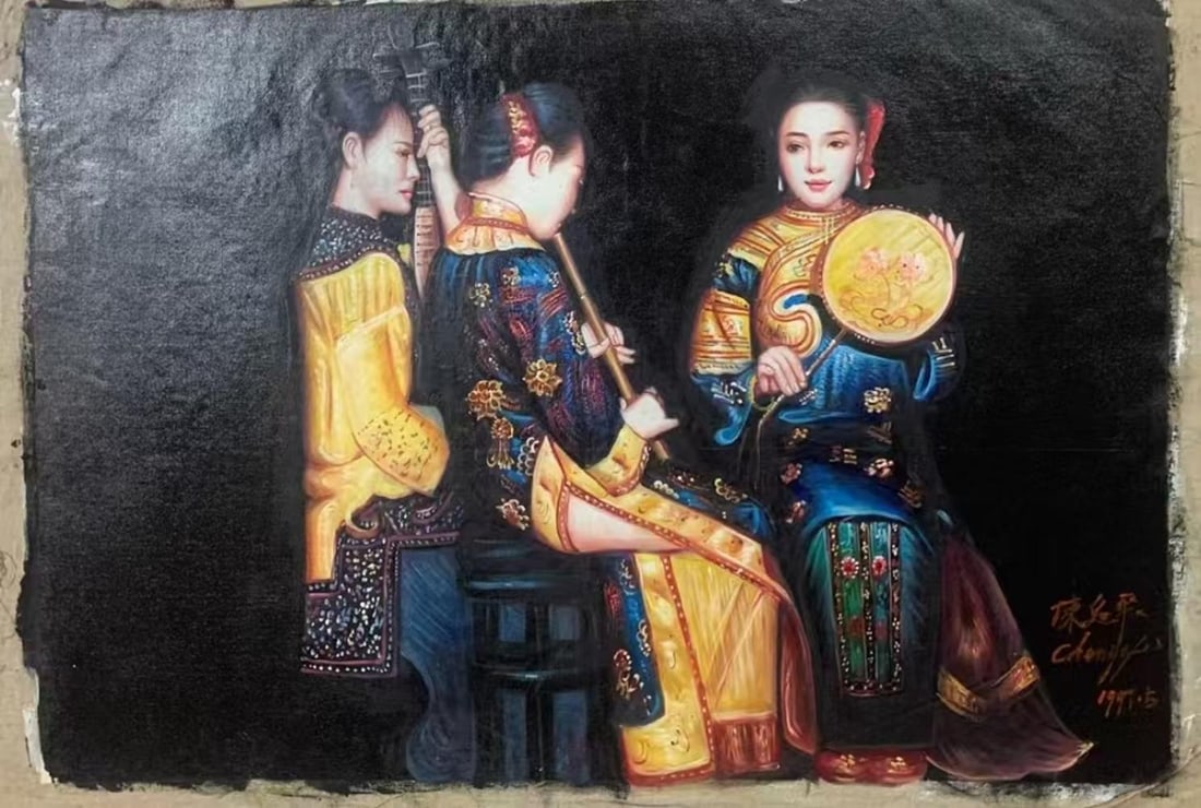 An Oil Painting Depicting a Jiangnan Beauty Attributed to Chen Yifei: An Oil Painting Depicting a Jiangnan Beauty Attributed to Chen Yifei. Dimensions: 23.62in x 35.43in.