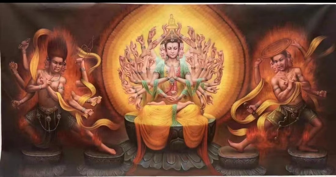A Large Oil Painting Depicting Thousand-Armed Guanyin: A Large Oil Painting Depicting Thousand-Armed Guanyin. Dimensions: 47.24in x 94.49in.