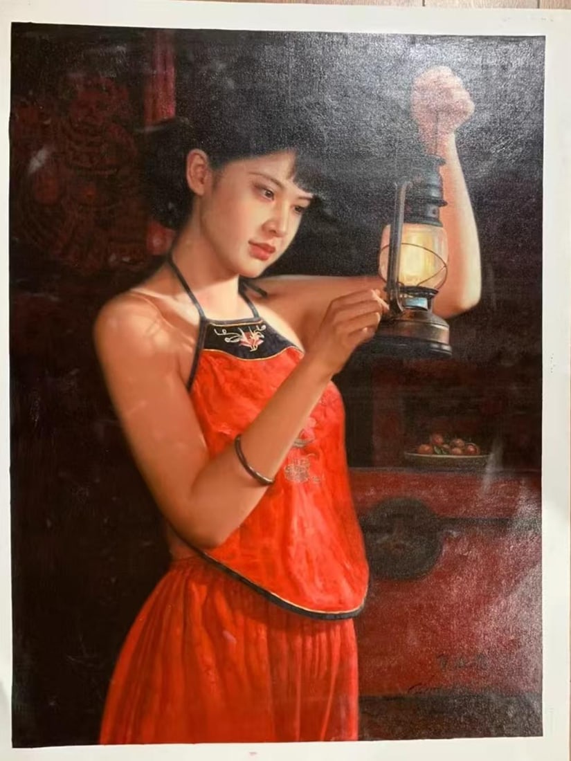 An Oil Painting Depicting a Republican-Era Beauty Attributed to Chen Yifei: An Oil Painting Depicting a Republican-Era Beauty Attributed to Chen Yifei. Dimensions: 35.43in x 47.24in.