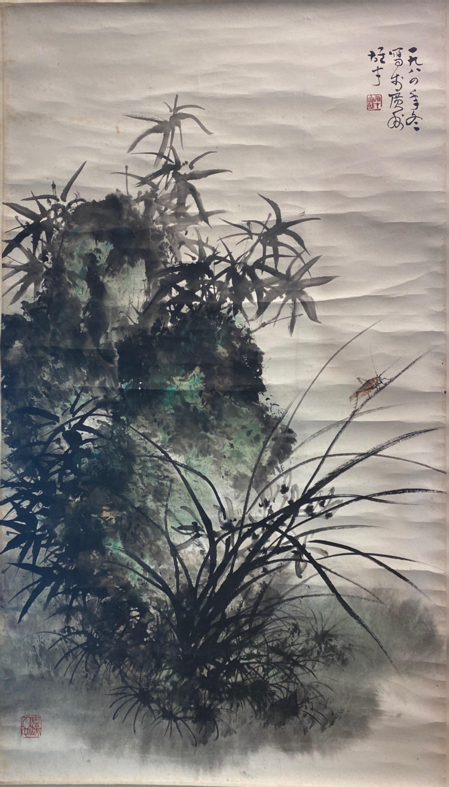 Chinese Hanging Scroll Painting: Ink and color on paper, depicting insects and trees, signed with seal attributed to Li Xiong Chai. Height: 36" Length: 22.75"