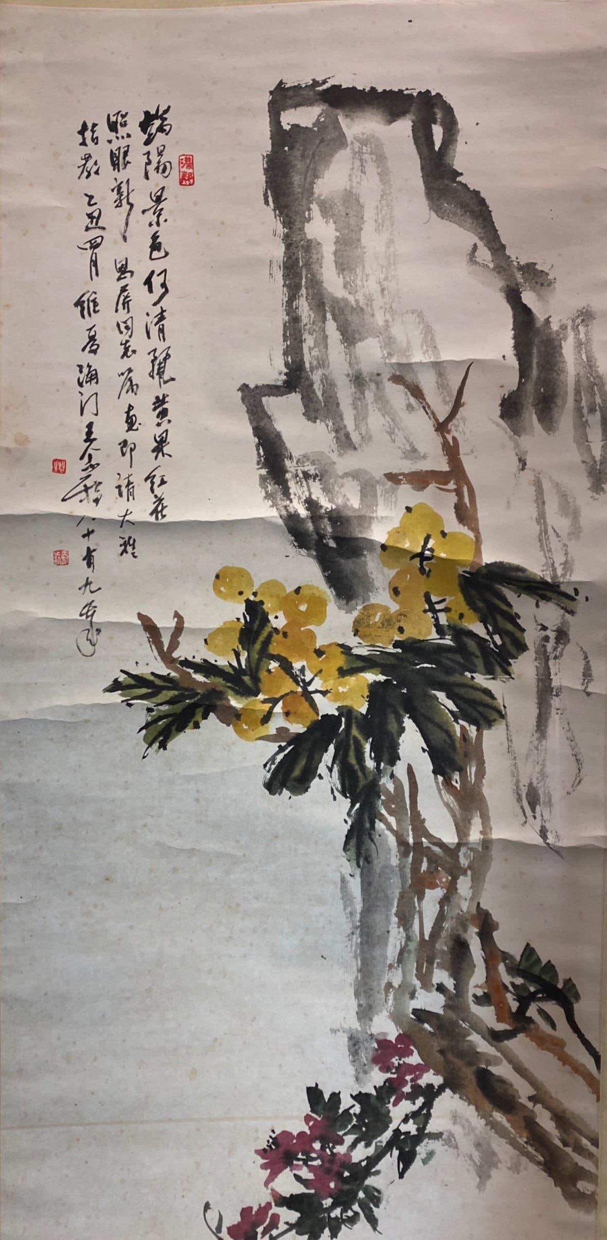 Chinese Hanging Scroll Painting: Ink and color on paper. Height:52" Length: 25"