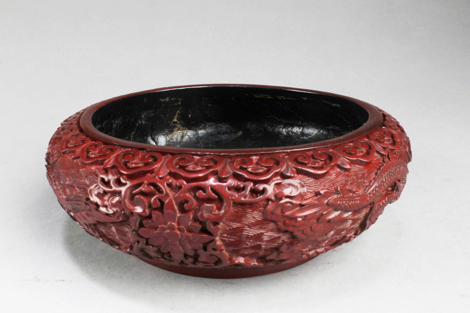 Chinese Cinnabar Lacquer Ink Washer: Chinese Cinnabar Lacquer Ink Washer. 'QianLong' mark at base. Diameter: 7.75"
